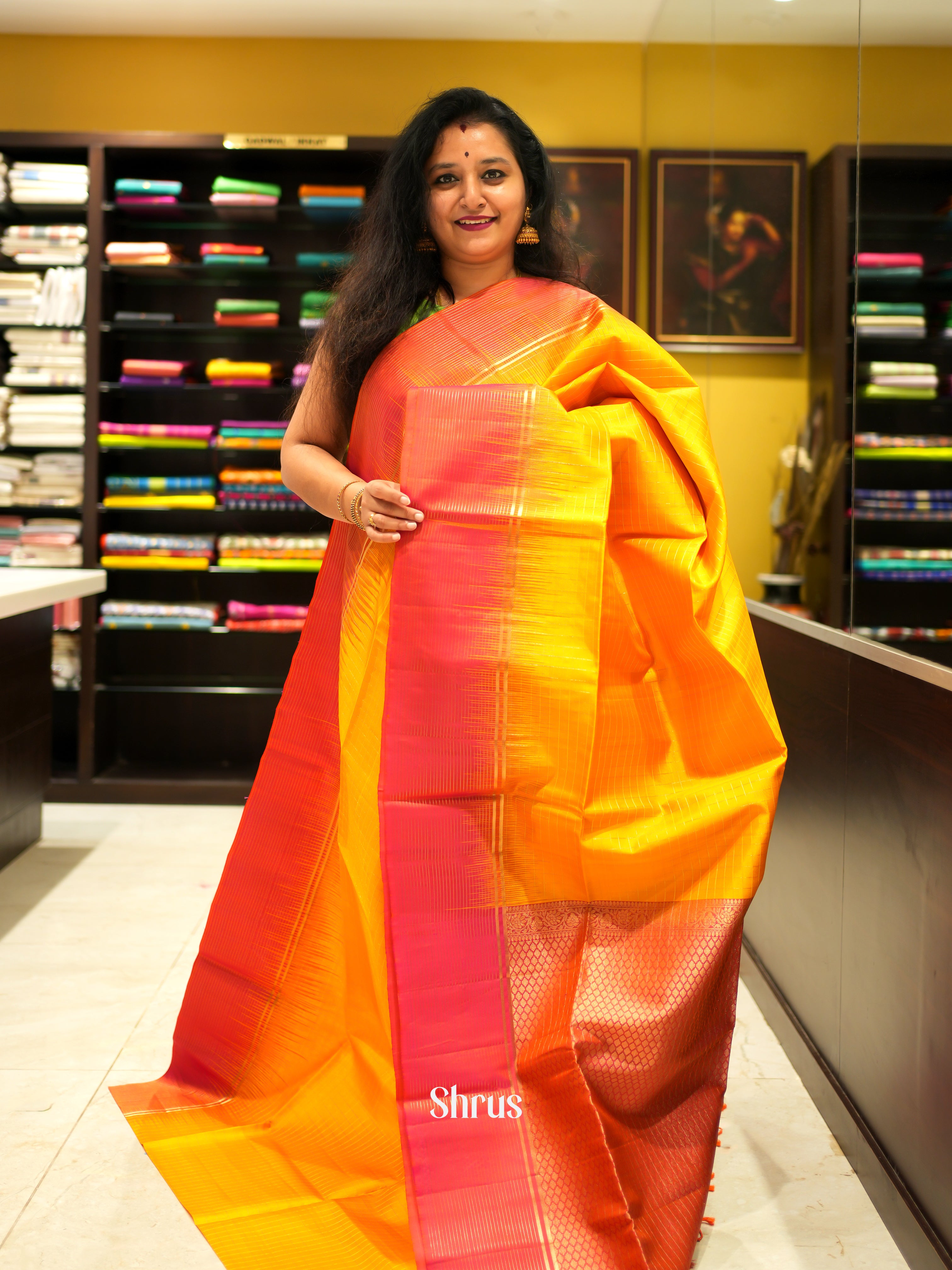 Yellow & Orange - Soft Silk Saree - Shop on ShrusEternity.com