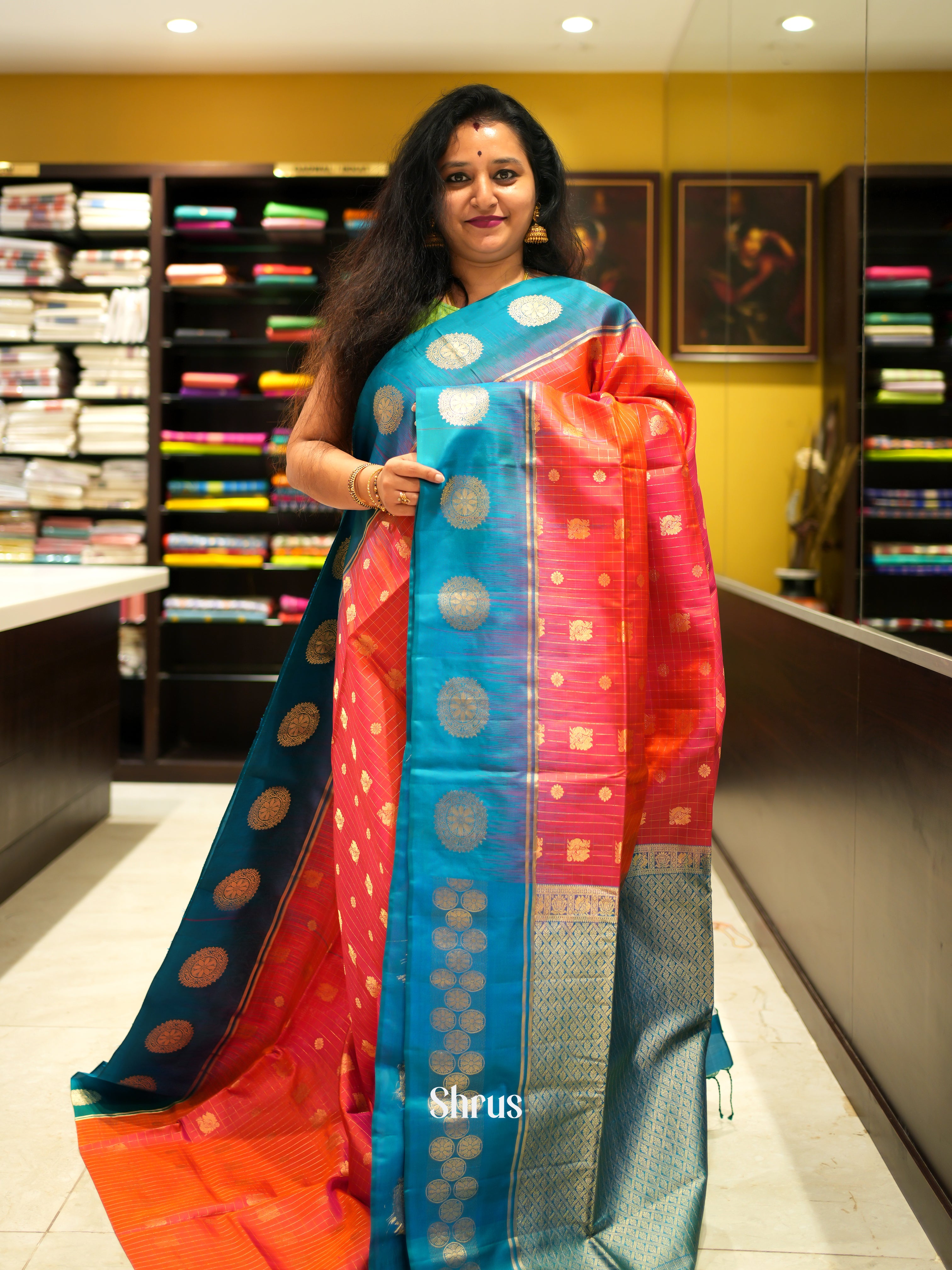 Orangish Pink & Blue - Soft Silk Saree - Shop on ShrusEternity.com