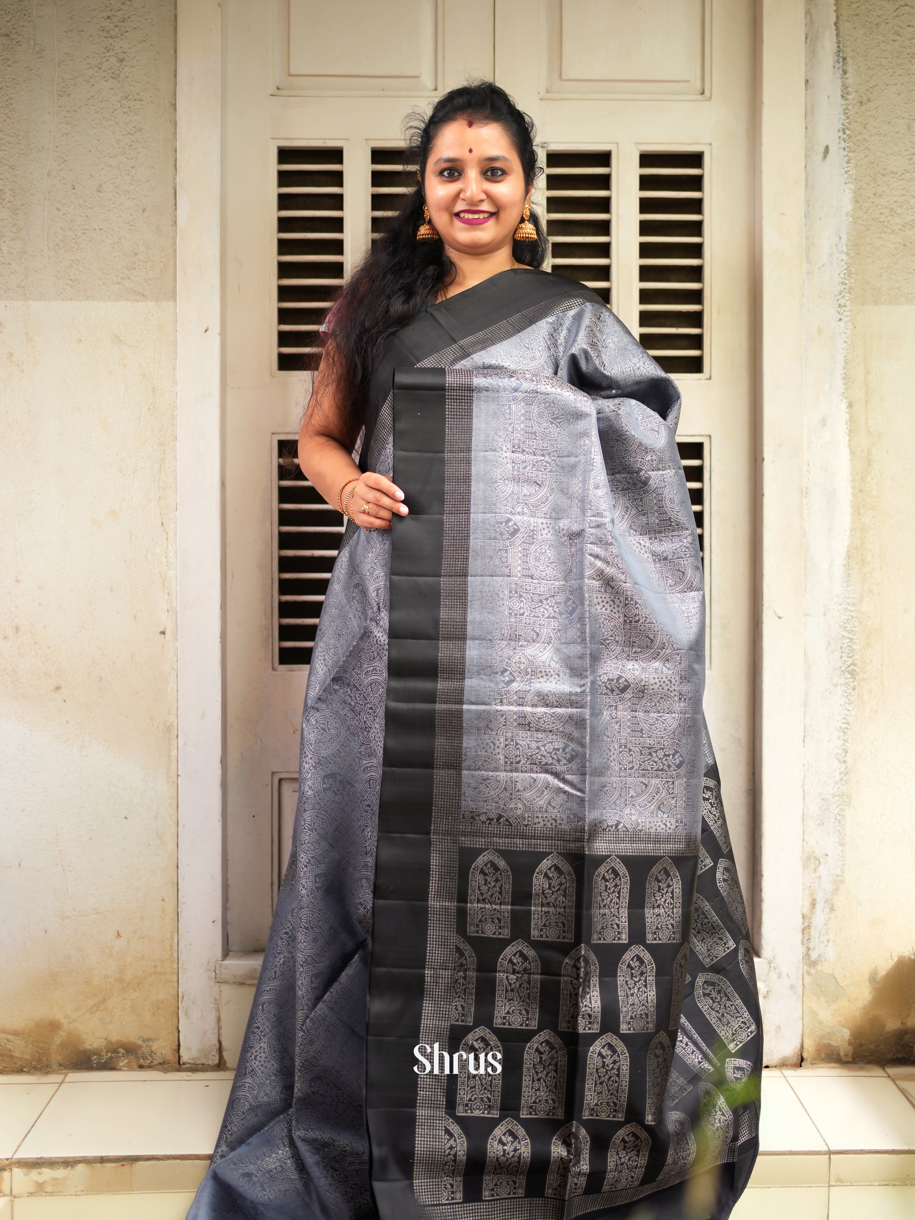 Grey & Black - Soft Silk Saree - Shop on ShrusEternity.com