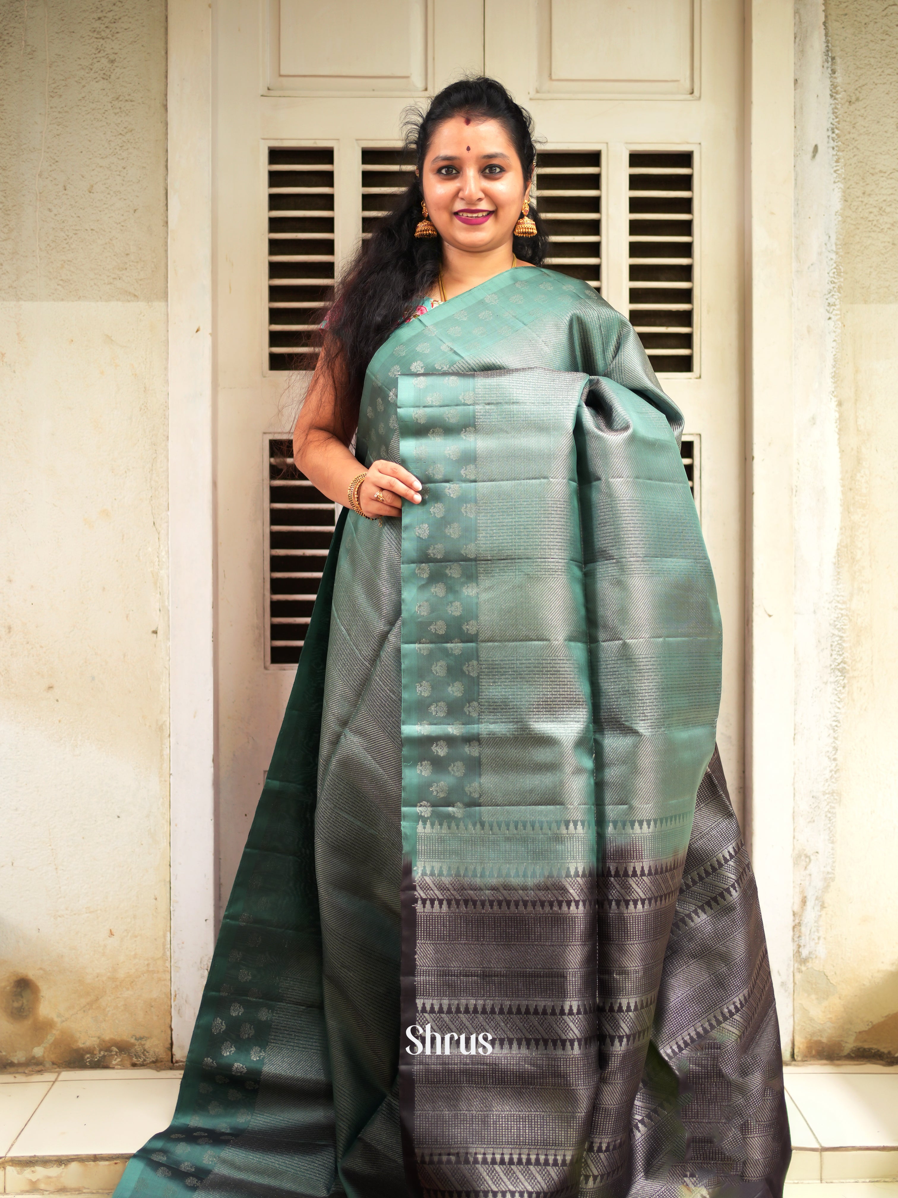 Greenish Grey & Black - Soft Silk Saree - Shop on ShrusEternity.com