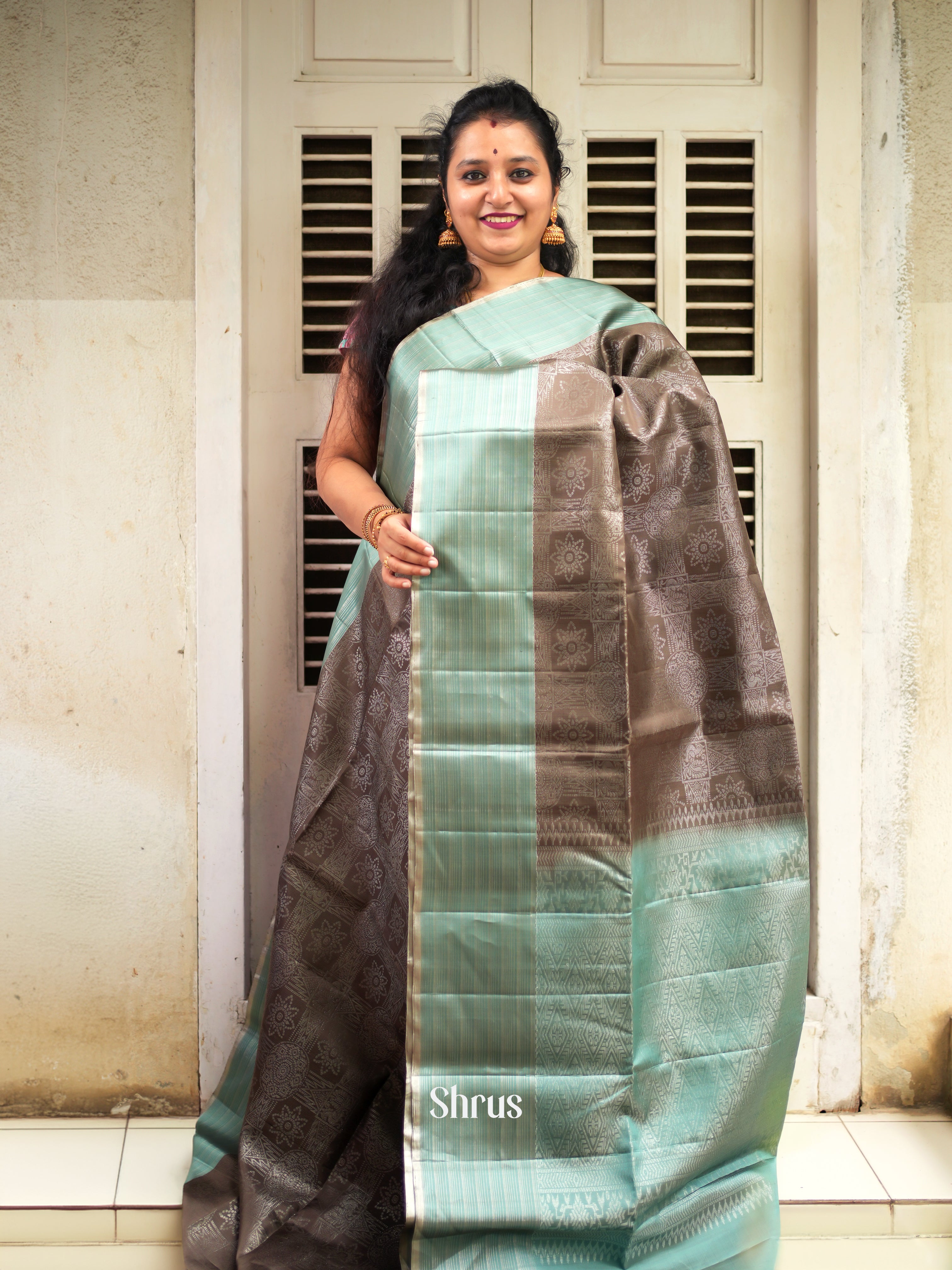 Brown & Greenish Grey - Soft Silk Saree - Shop on ShrusEternity.com