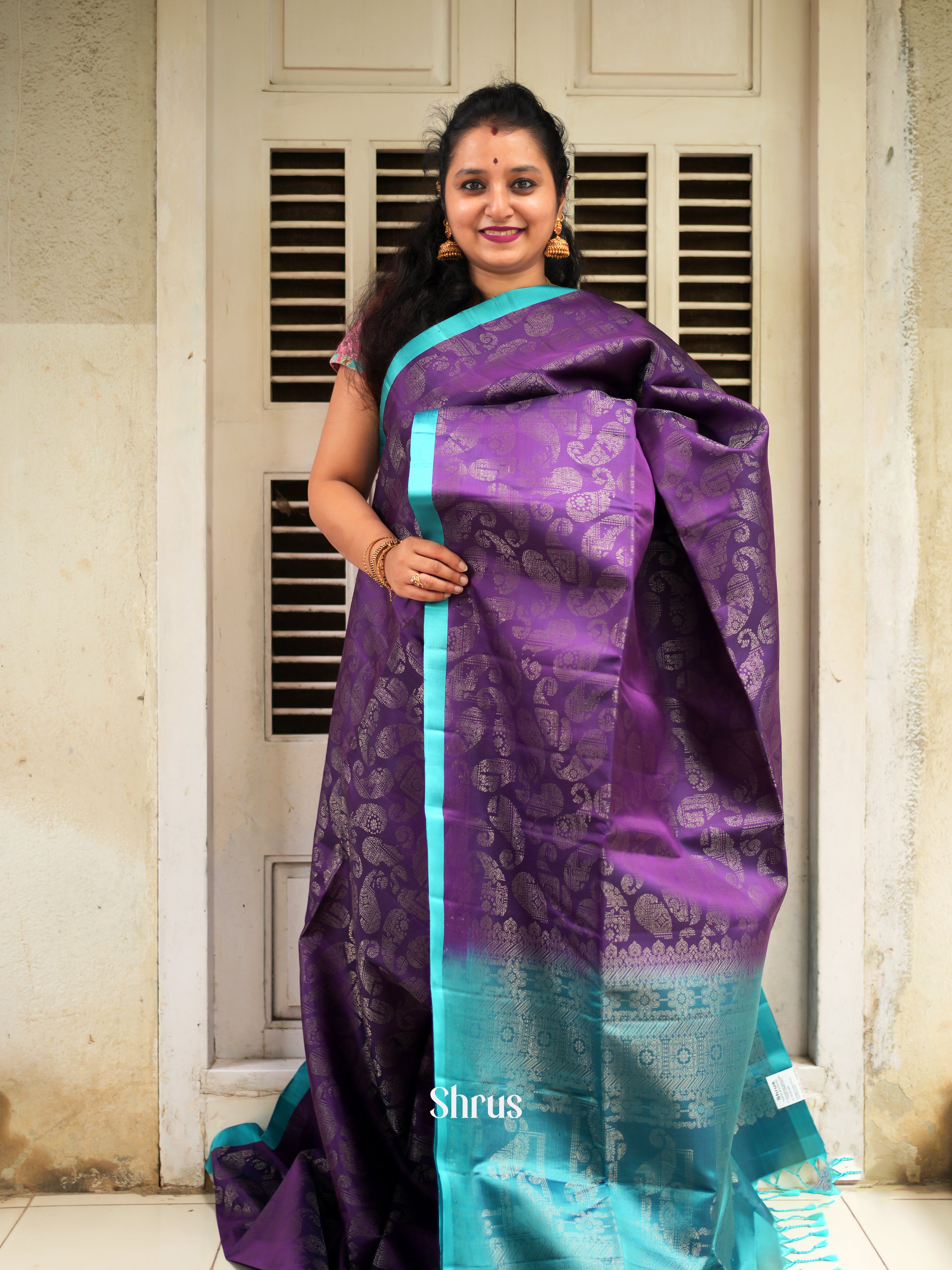 Violet & Teal - Soft Silk Saree - Shop on ShrusEternity.com