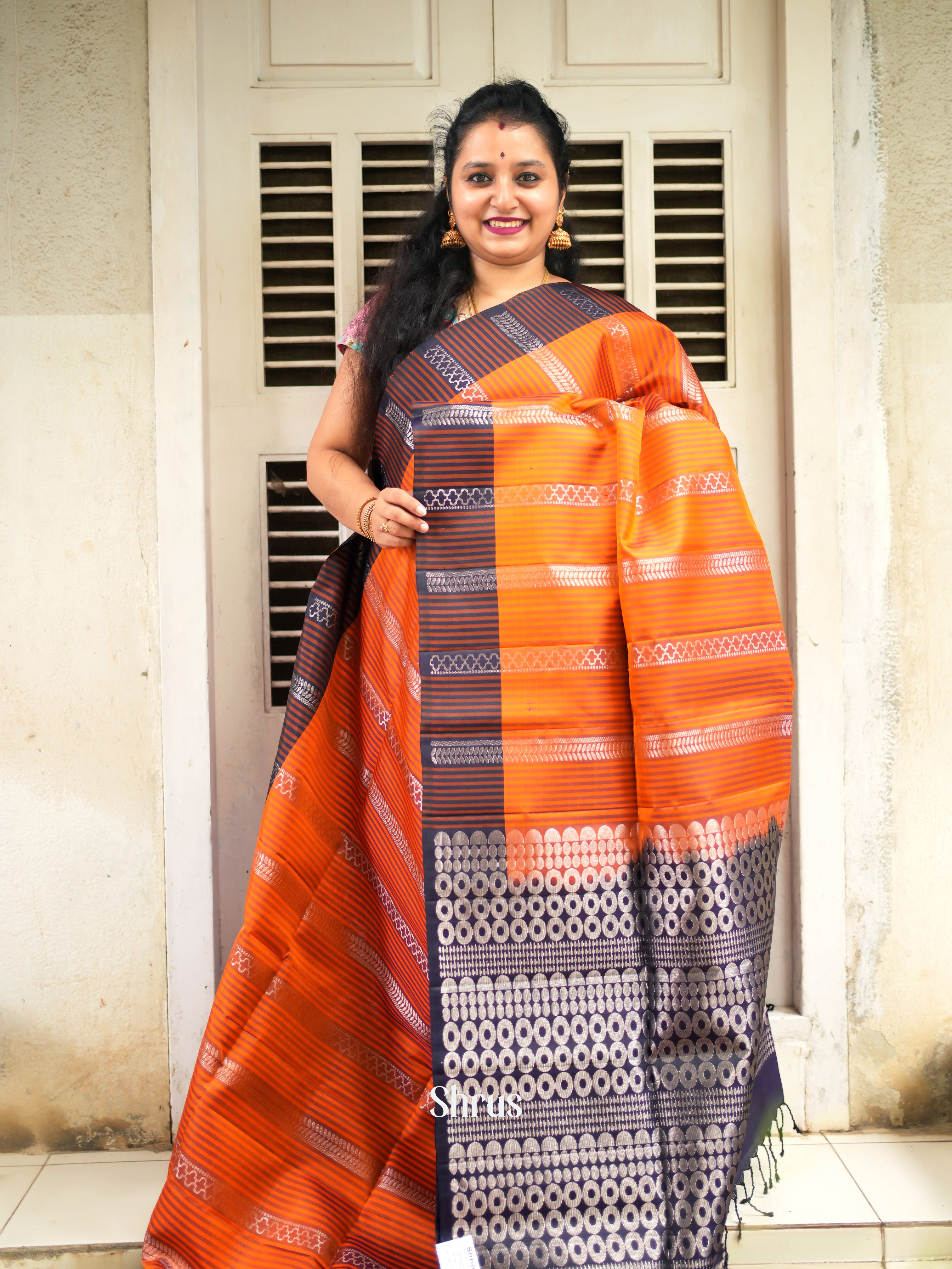 Orange & Navy Blue - Soft Silk Saree - Shop on ShrusEternity.com