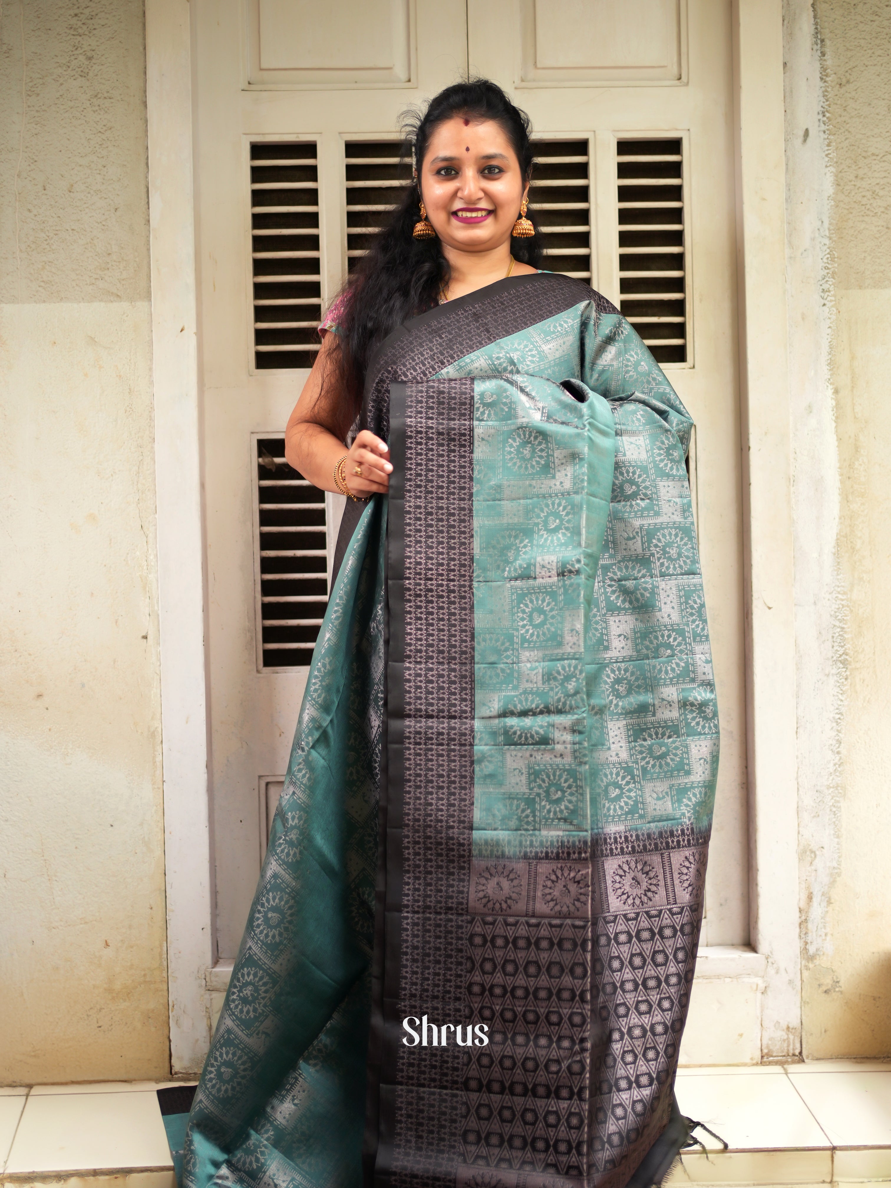 Greenish Grey & Black - Soft Silk Saree - Shop on ShrusEternity.com