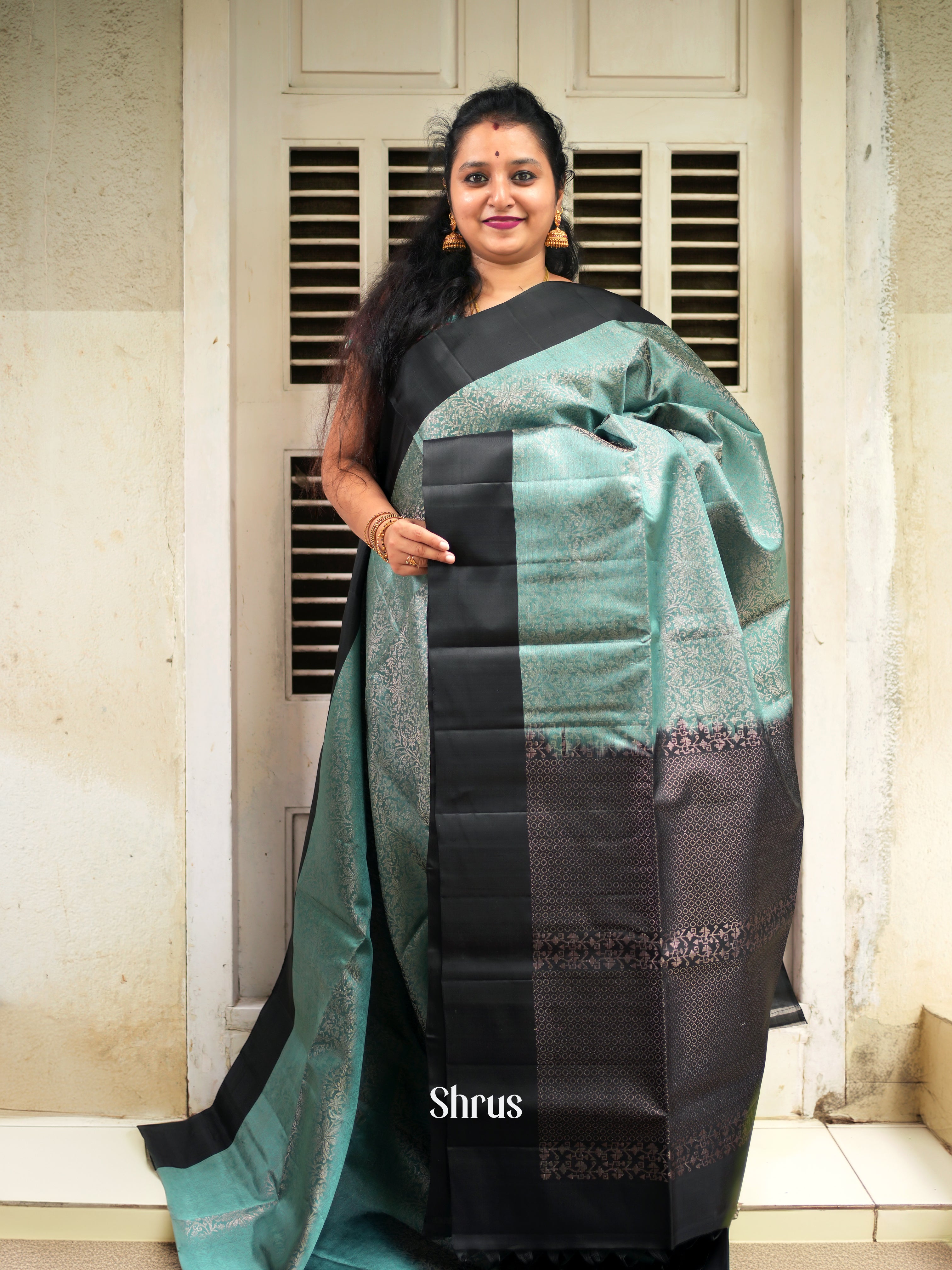 Greenish Grey & Black - Soft Silk saree - Shop on ShrusEternity.com