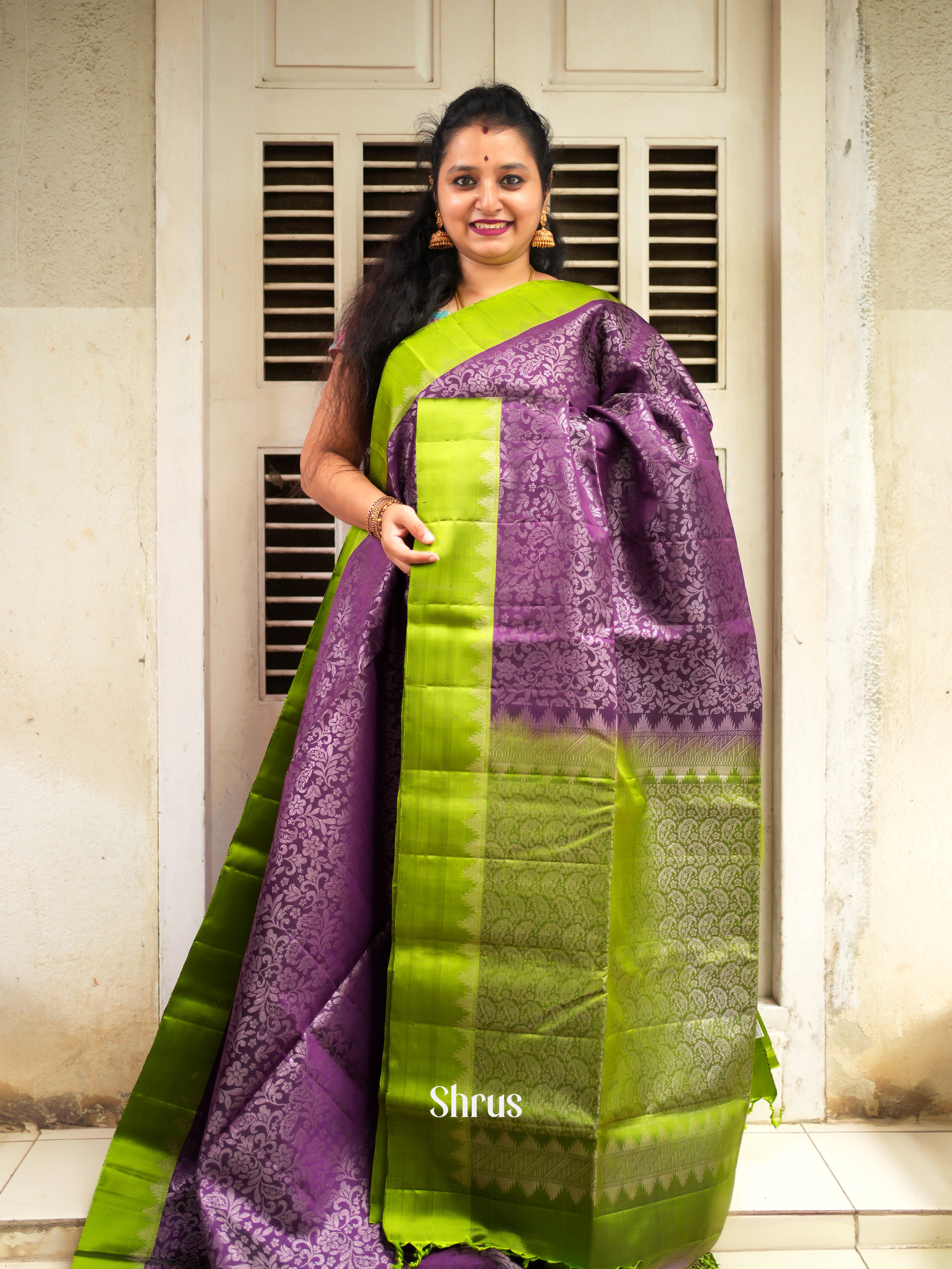 Violet & Light Green - Soft Silk Saree - Shop on ShrusEternity.com