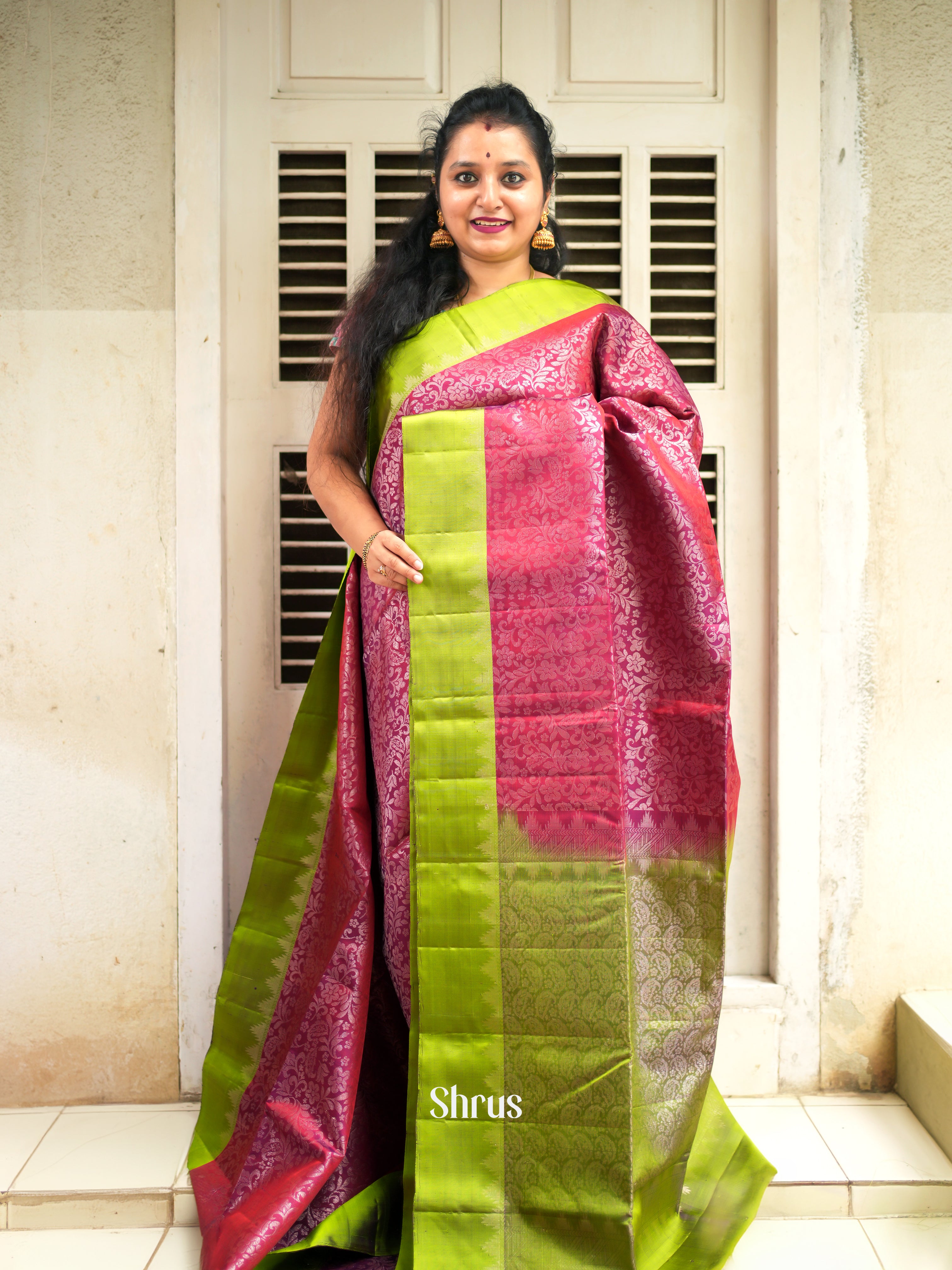 Red & Light Green- Soft Silk Saree - Shop on ShrusEternity.com