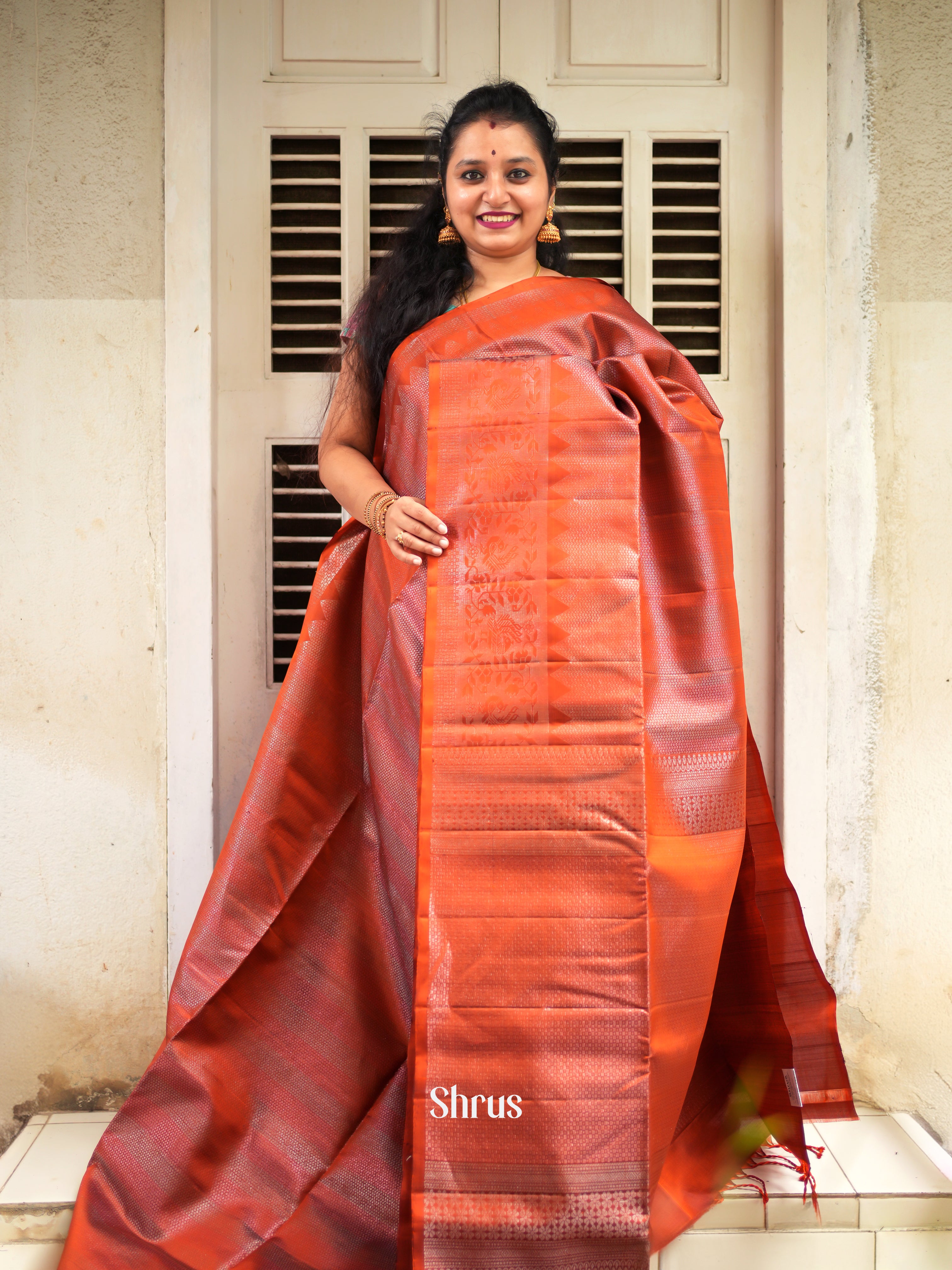 Maroon & Brick Orange - Soft Silk Saree - Shop on ShrusEternity.com