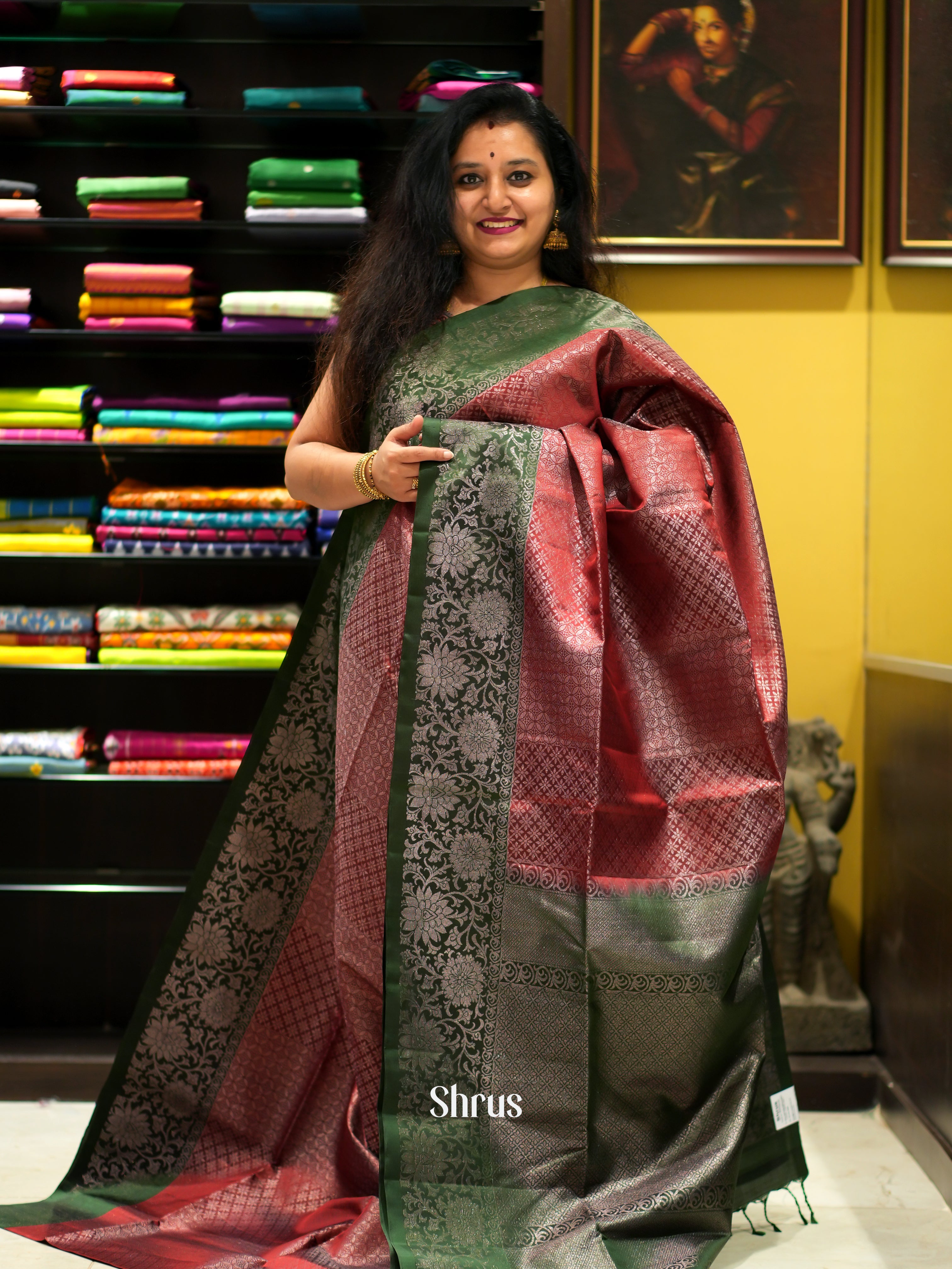 Maroon & Green - Soft Silk Saree - Shop on ShrusEternity.com