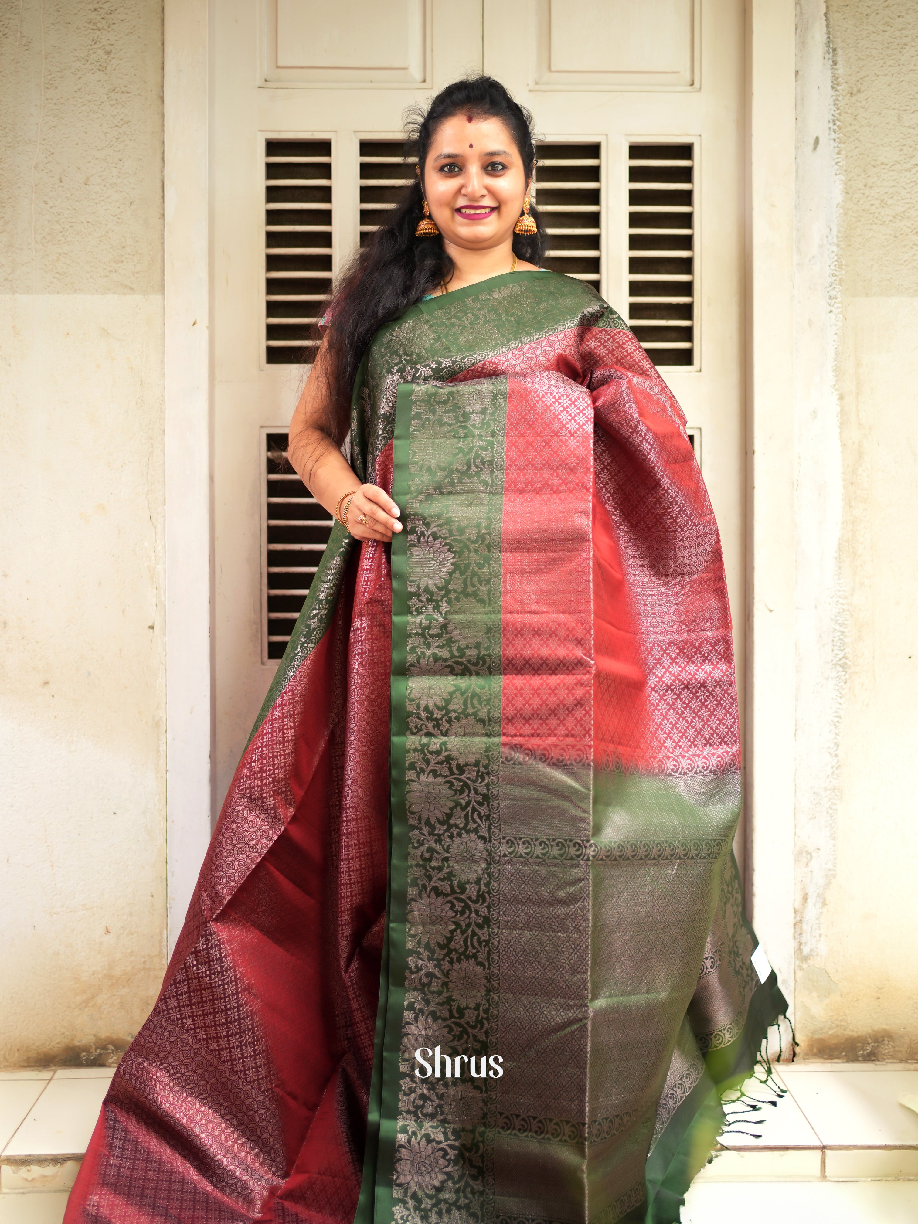 Maroon & Green - Soft Silk Saree - Shop on ShrusEternity.com