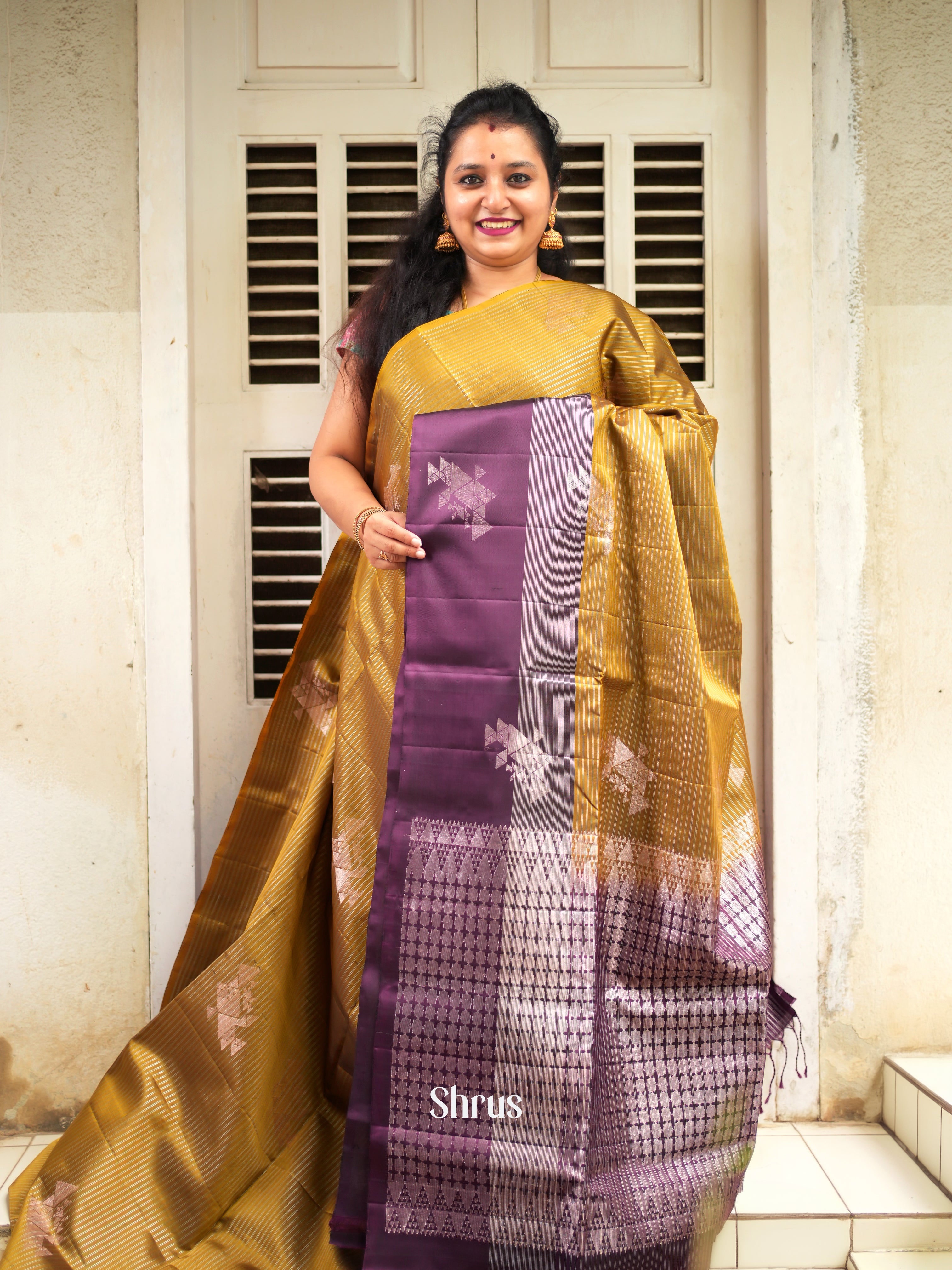 Goldish Brown & Purple - Soft Silk Saree - Shop on ShrusEternity.com