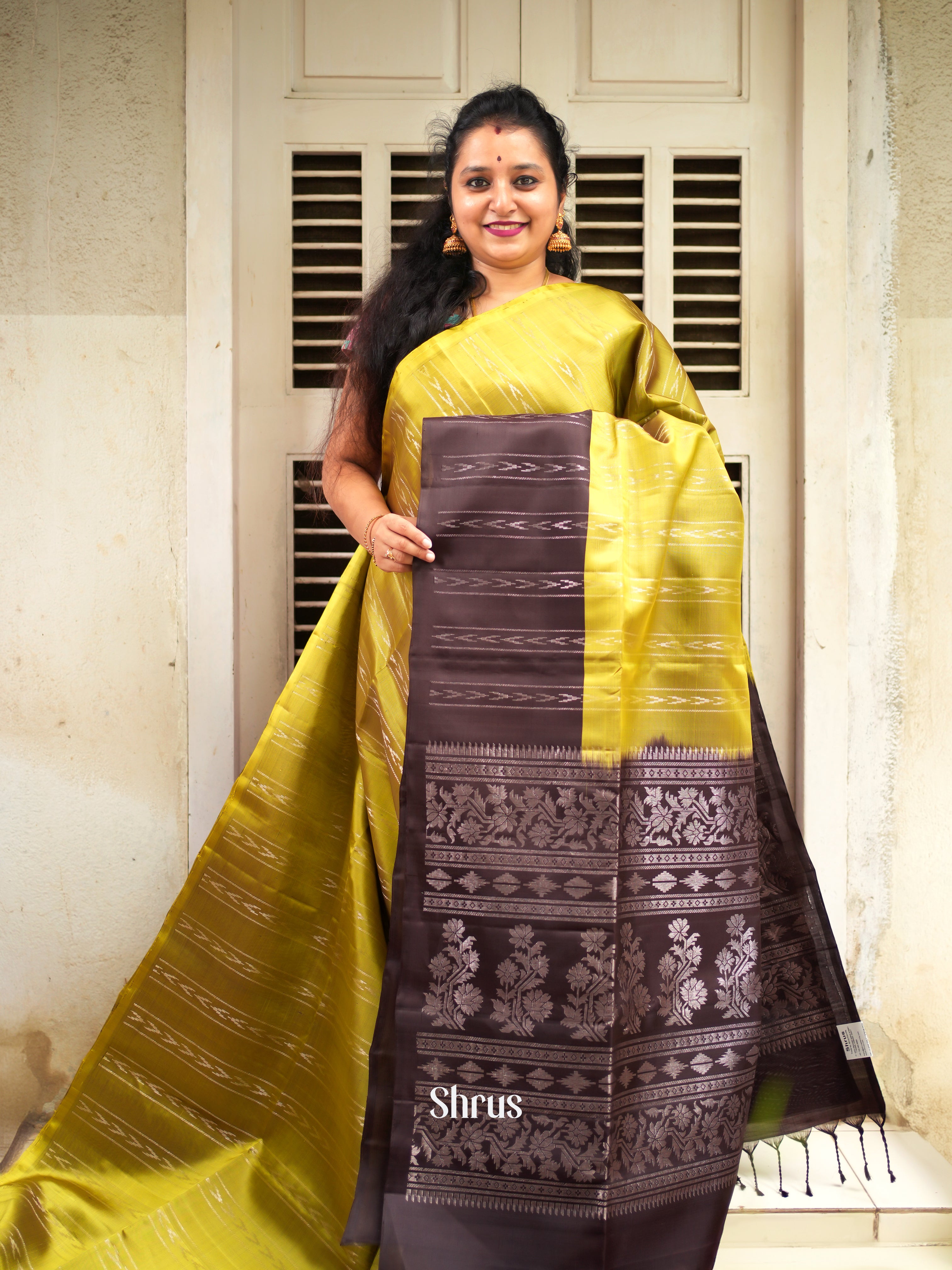 Mustardy Green & Brown - Soft Silk Saree - Shop on ShrusEternity.com