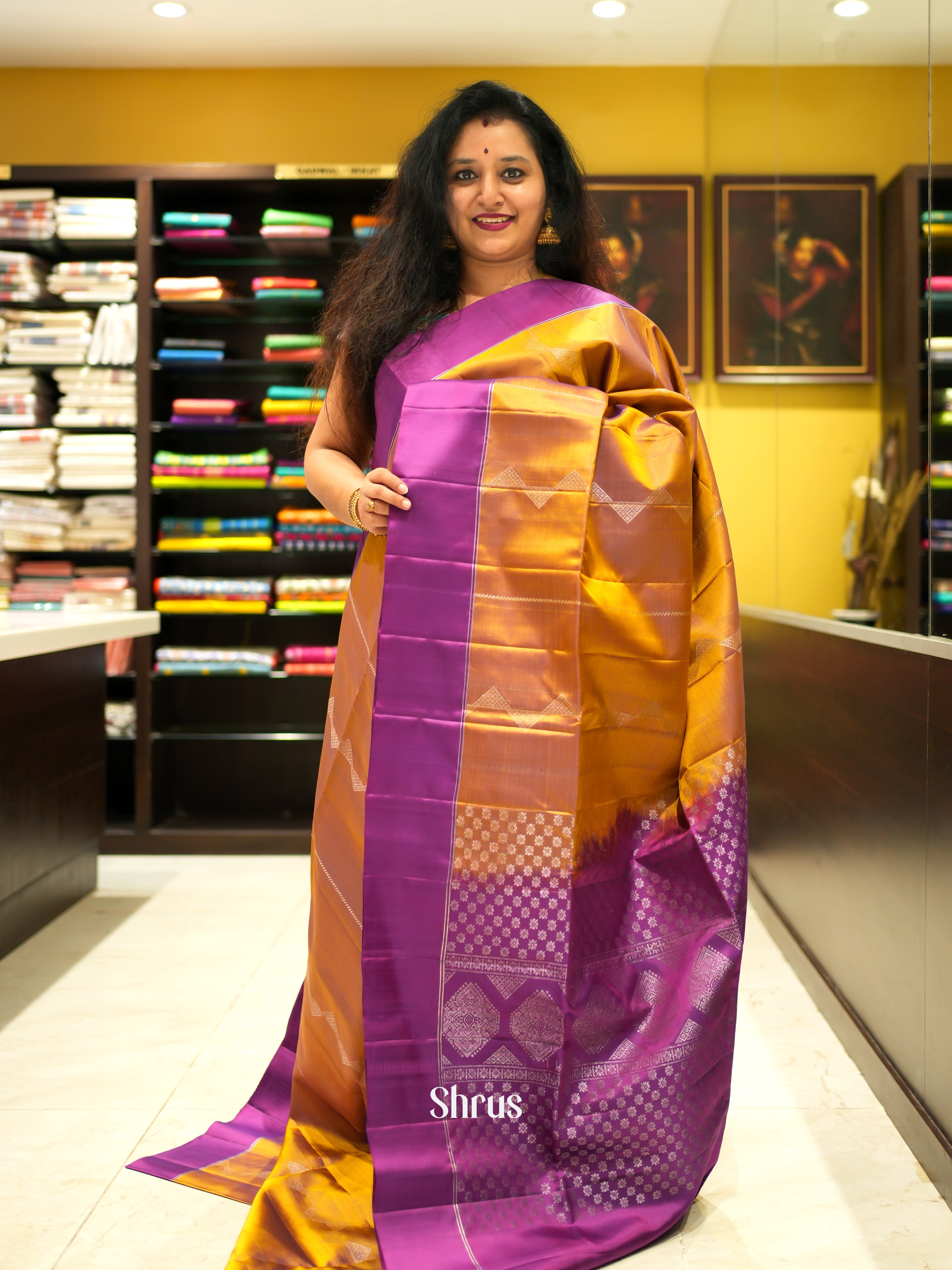 Goldish Brown & Purple - Soft Silk Saree - Shop on ShrusEternity.com