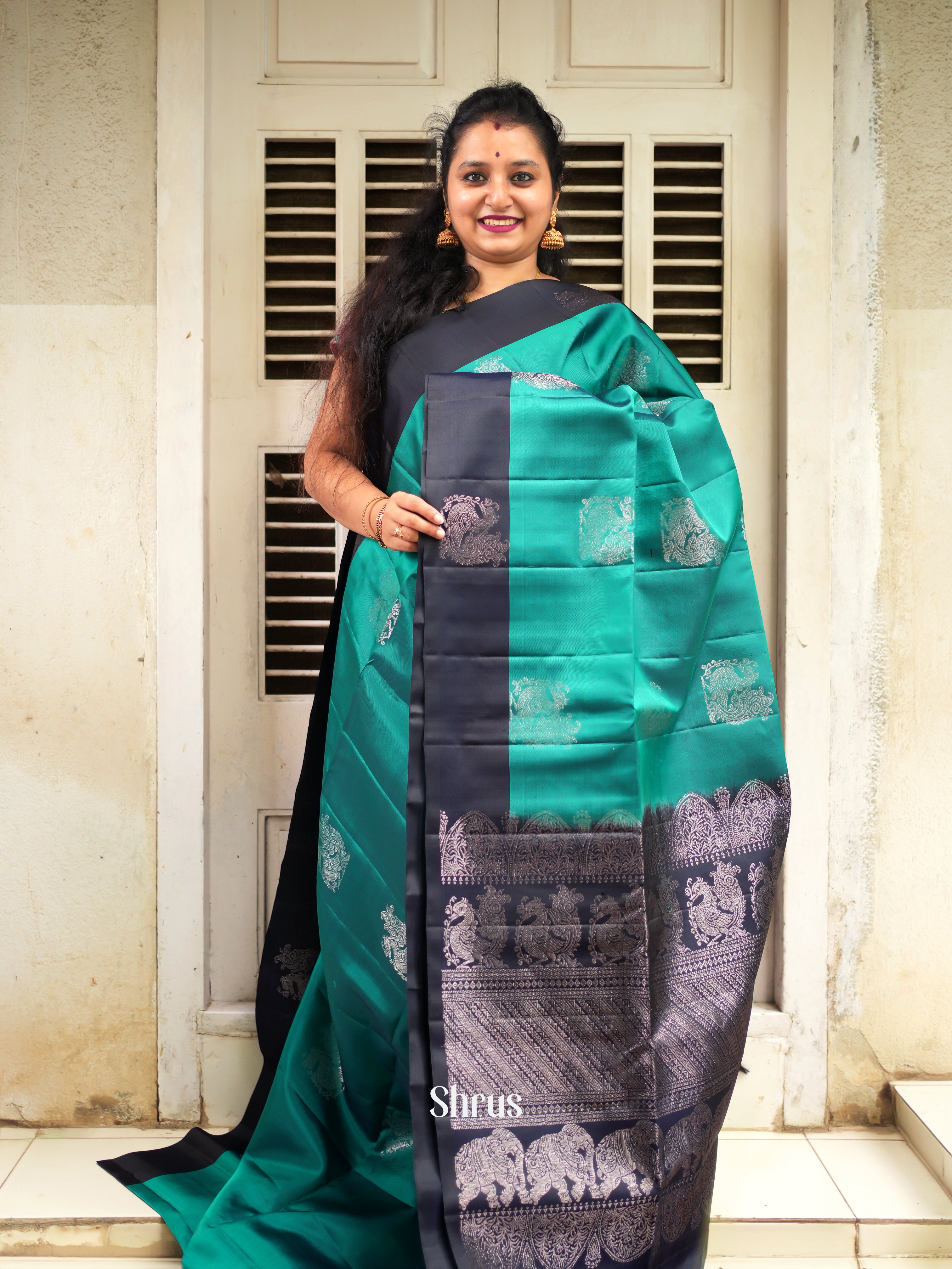 Green & Navy Blue - Soft Silk Saree - Shop on ShrusEternity.com