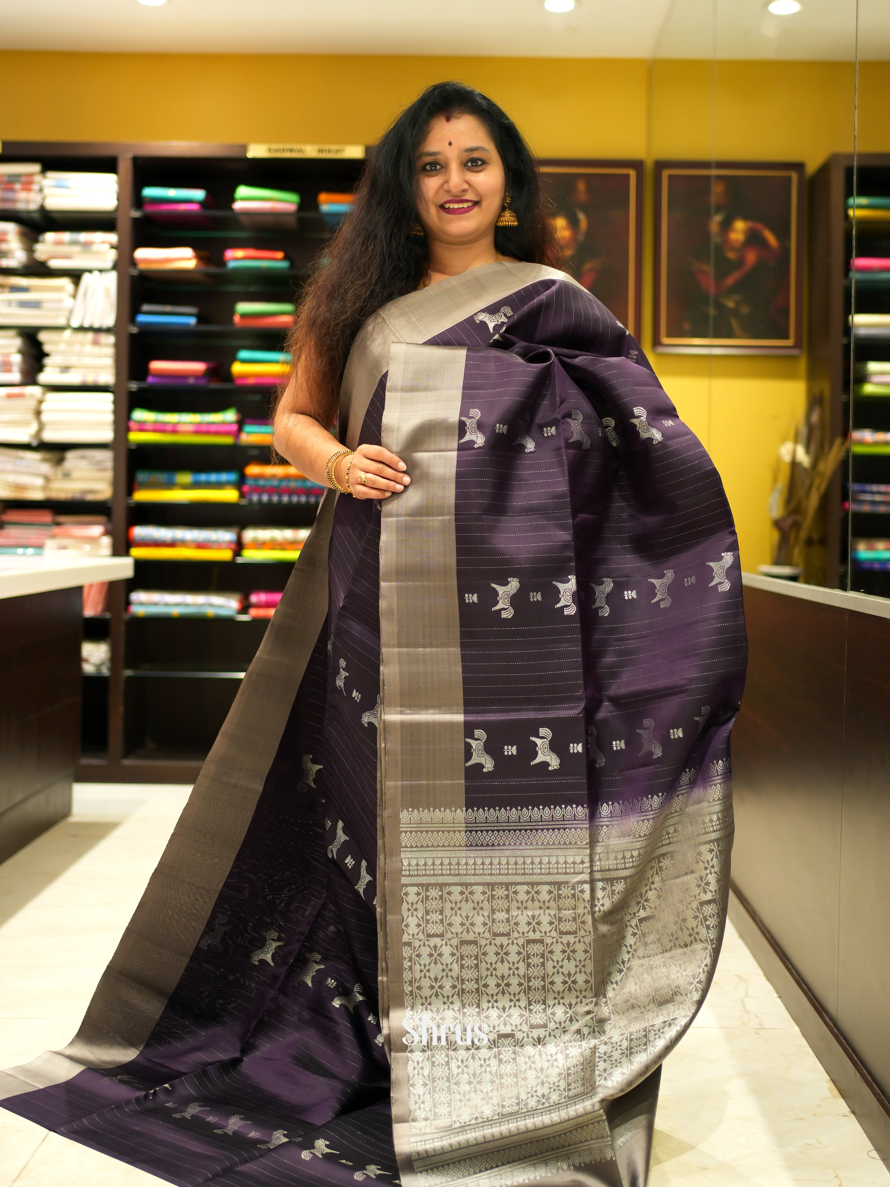 Purple & Grey - Soft Silk Saree - Shop on ShrusEternity.com