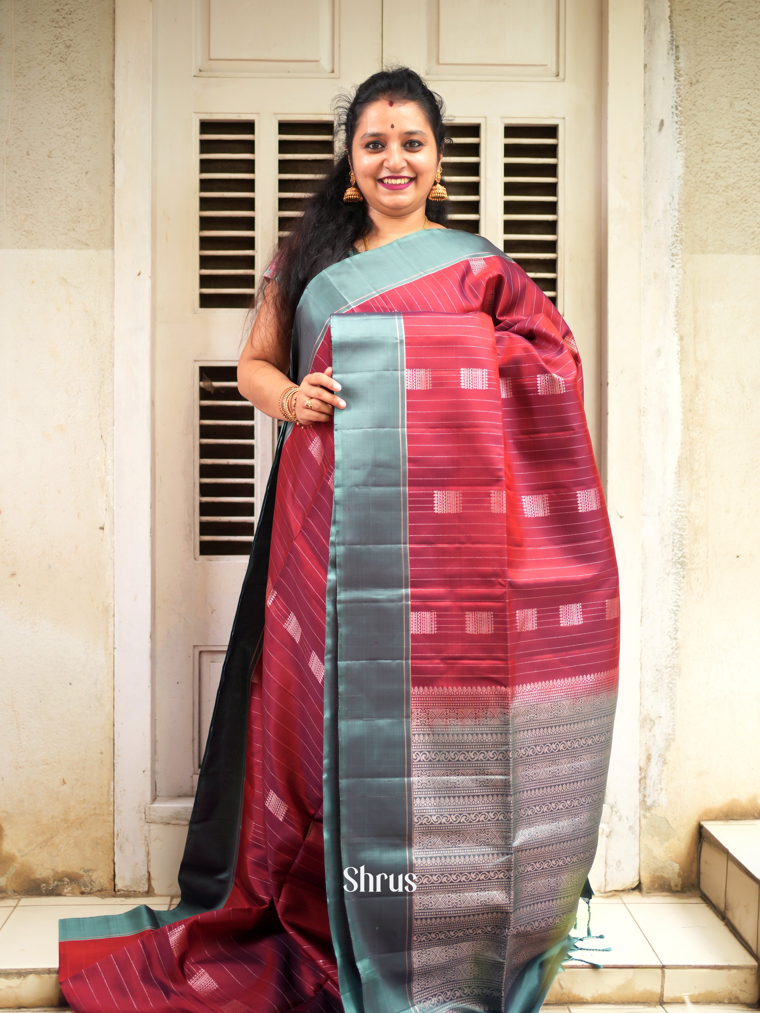 Red & Grey - Soft Silk Saree - Shop on ShrusEternity.com