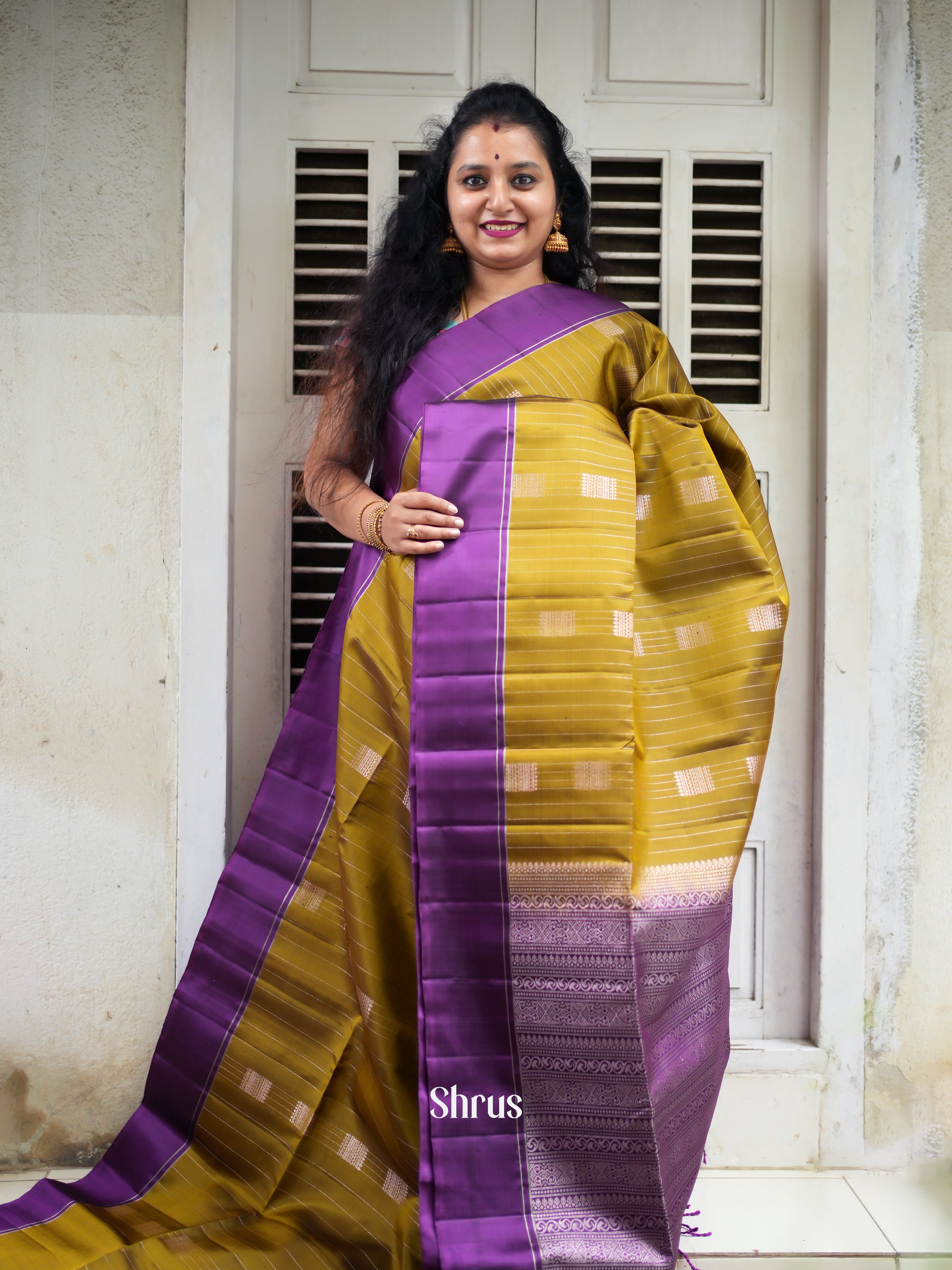Mehandi Green & Purple - Soft Silk Saree - Shop on ShrusEternity.com