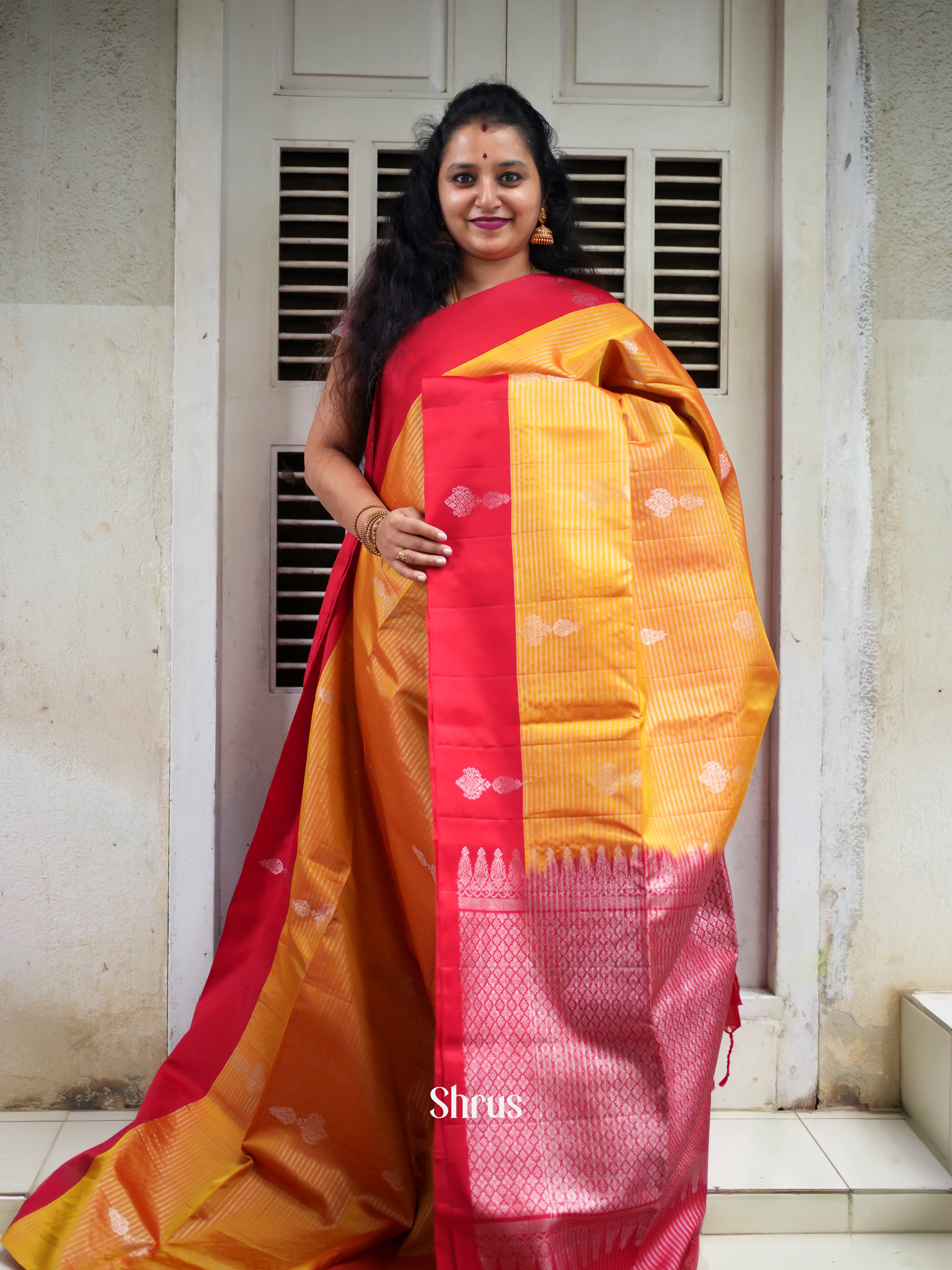 Mustard & Red - Soft Silk Saree - Shop on ShrusEternity.com