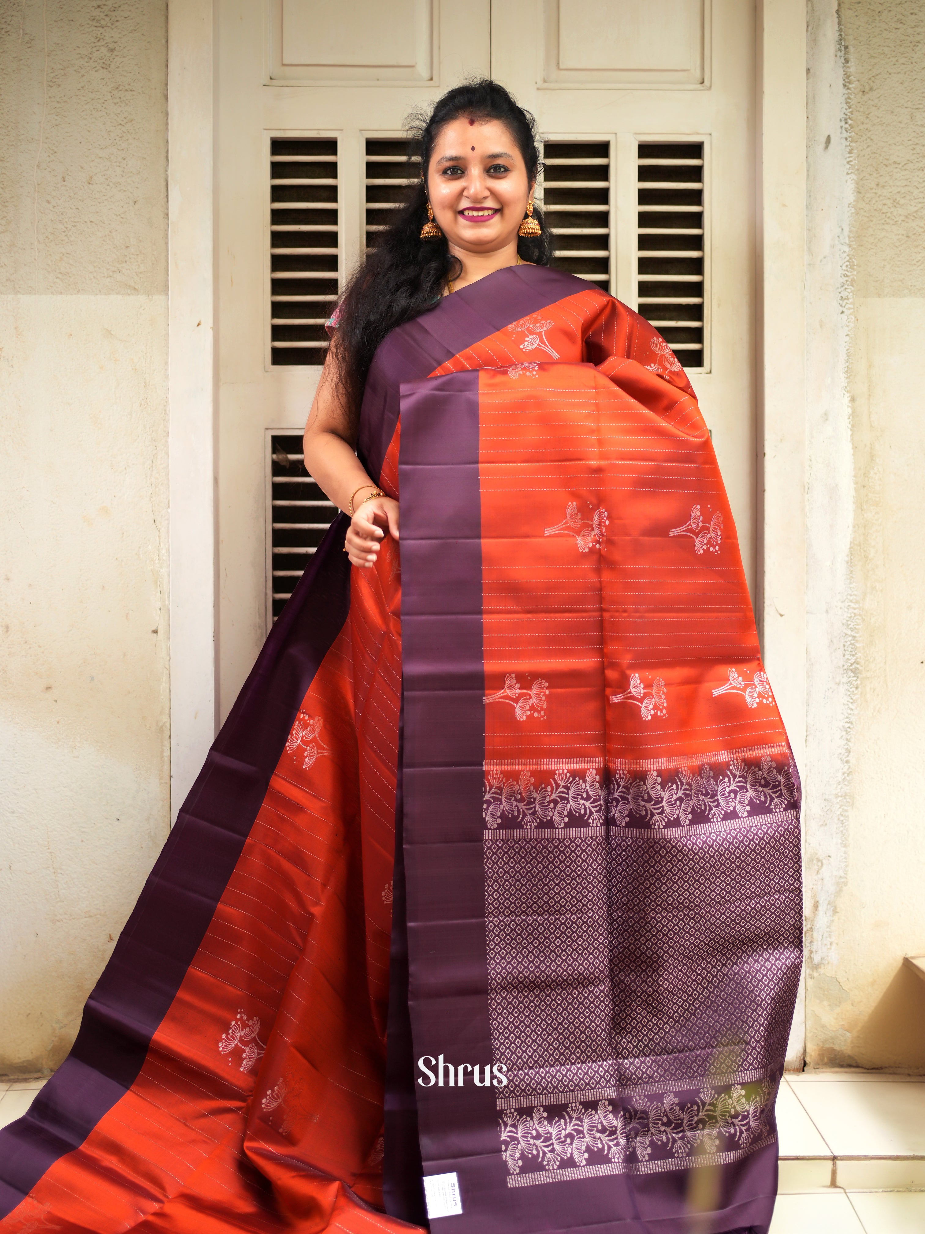 Brick & Purple - Soft Silk Saree - Shop on ShrusEternity.com