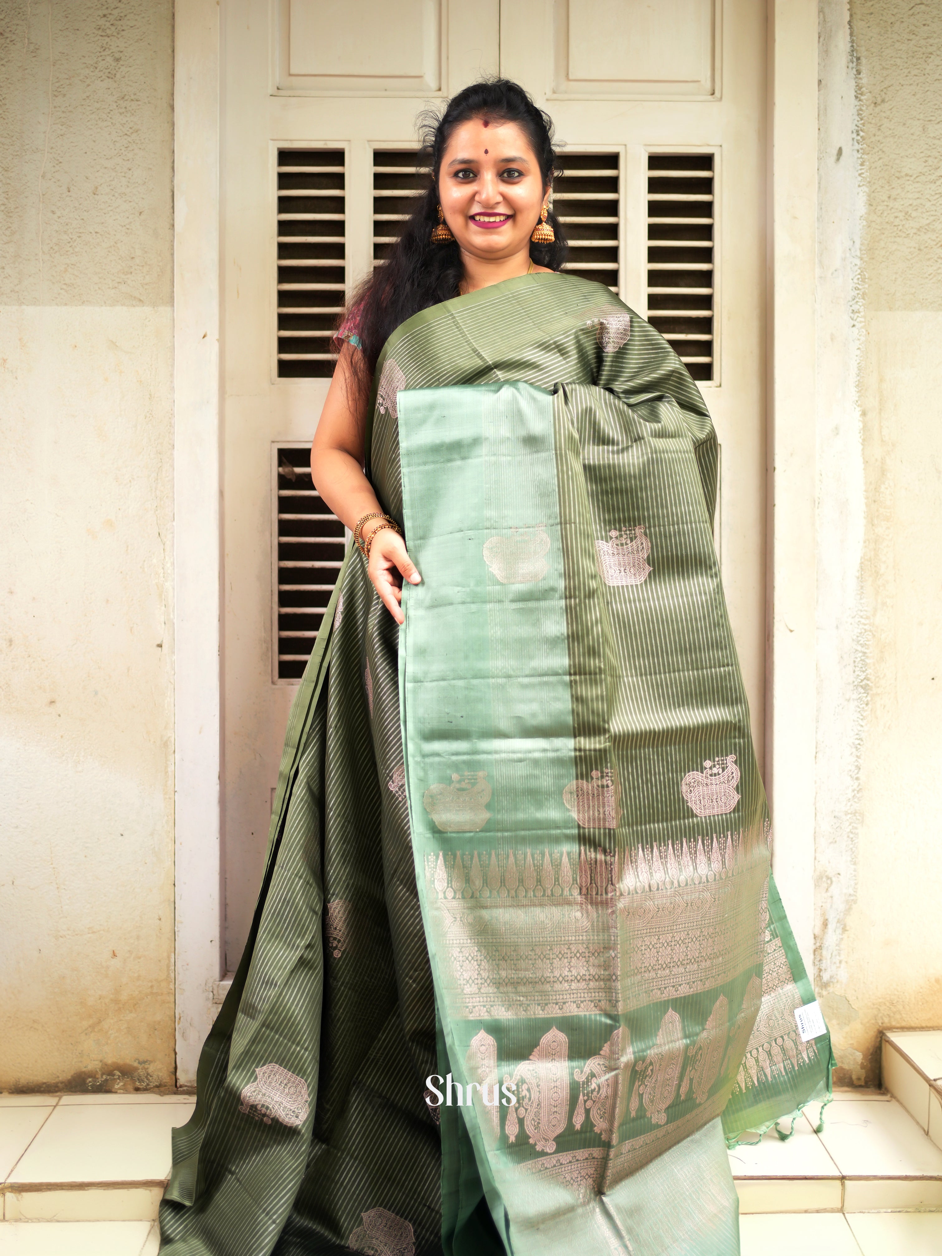Green & Grey Green - Soft Silk Saree - Shop on ShrusEternity.com