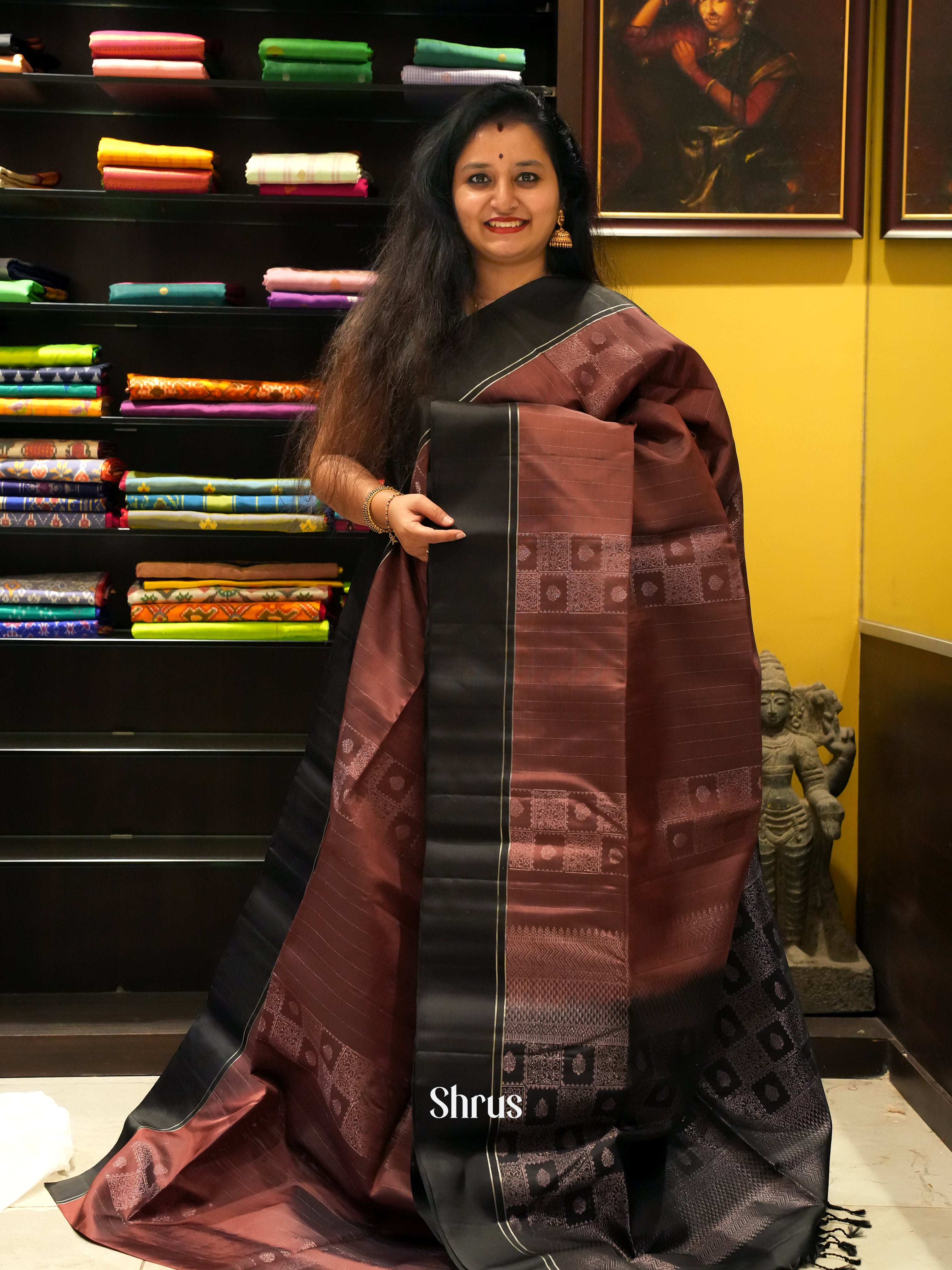 Brown & Black - Soft Silk Saree - Shop on ShrusEternity.com