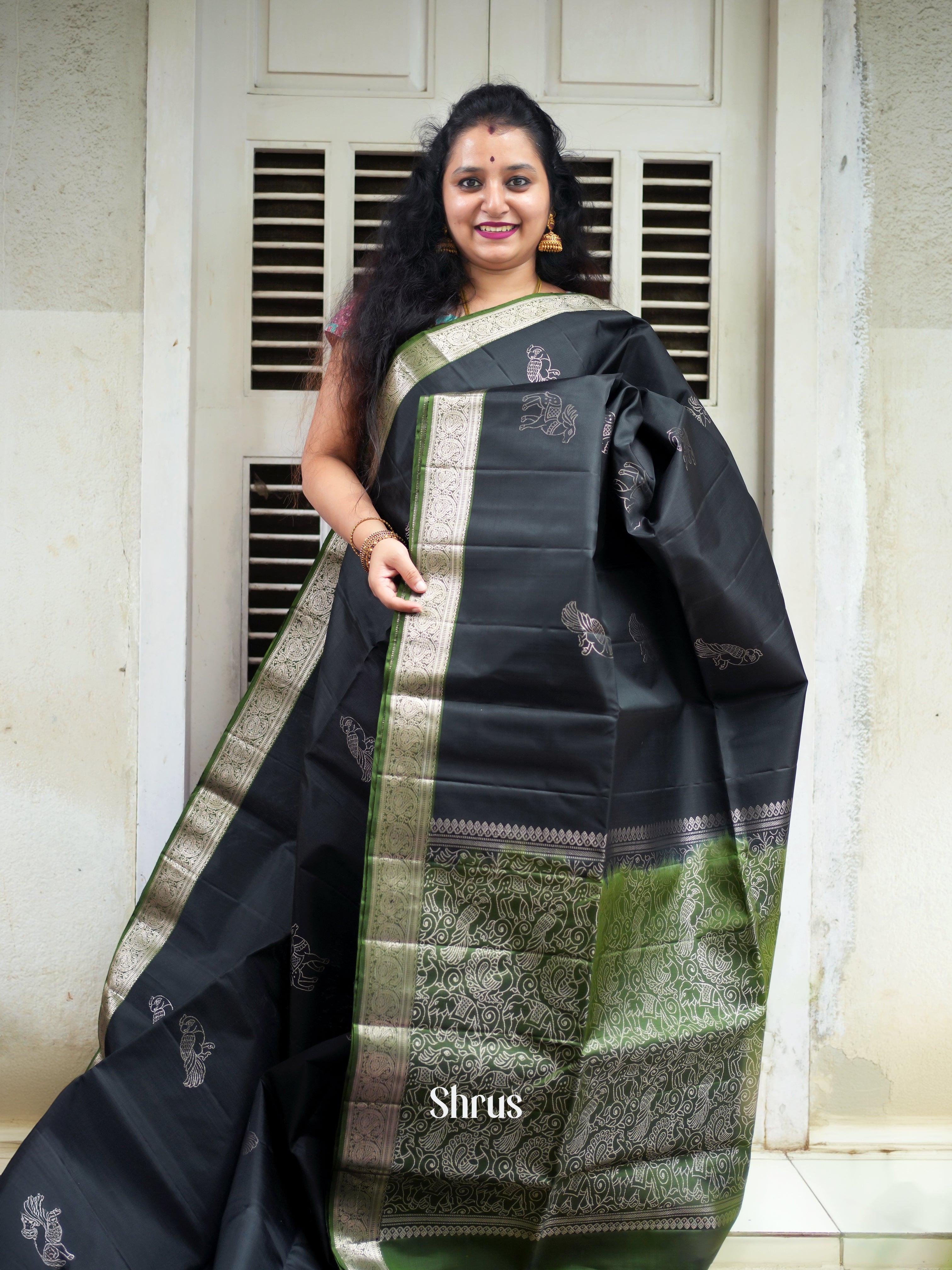 Black & Green - Soft Silk Saree - Shop on ShrusEternity.com