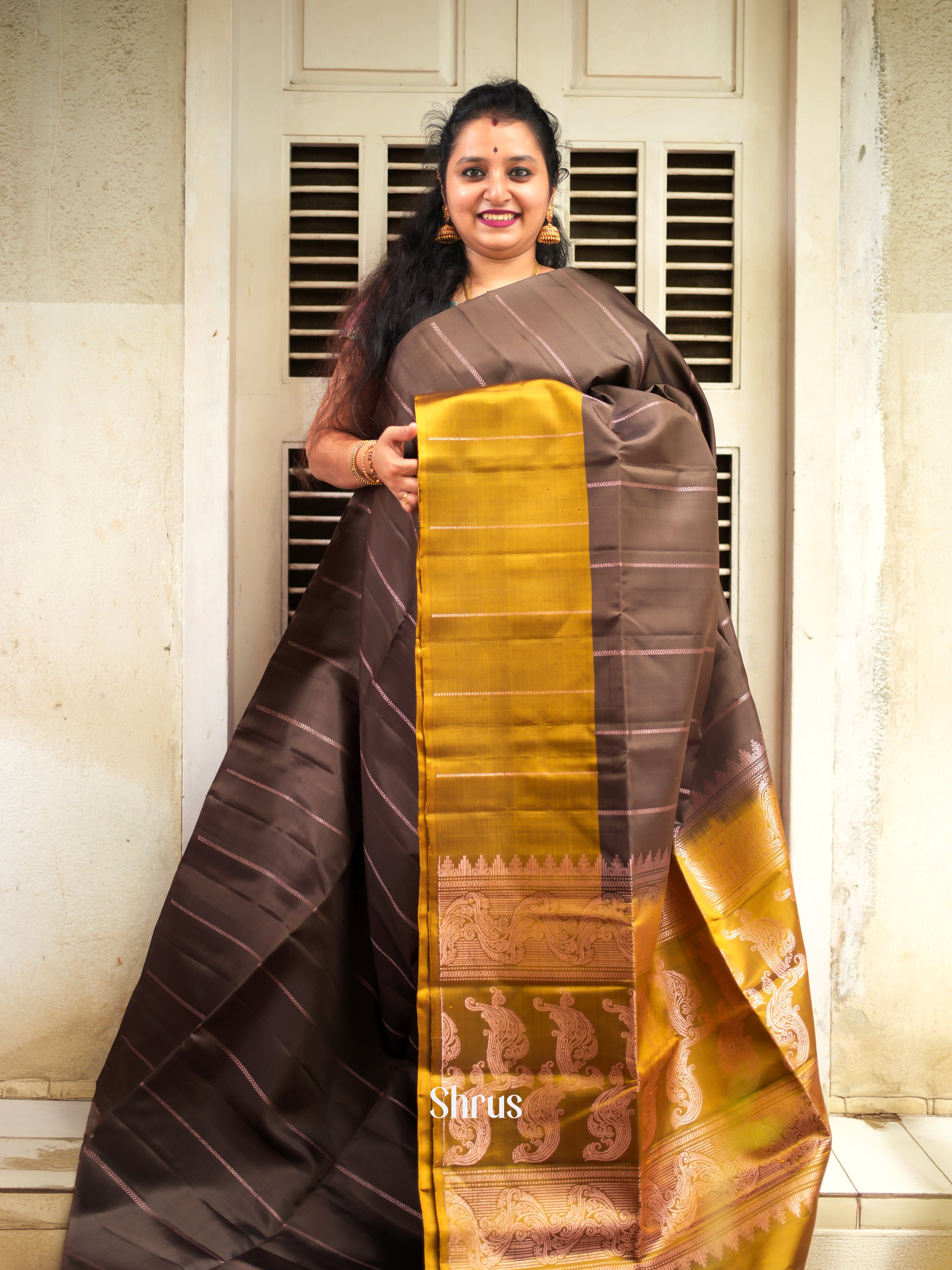 Brown & Mehandi Green - Soft Silk Saree - Shop on ShrusEternity.com