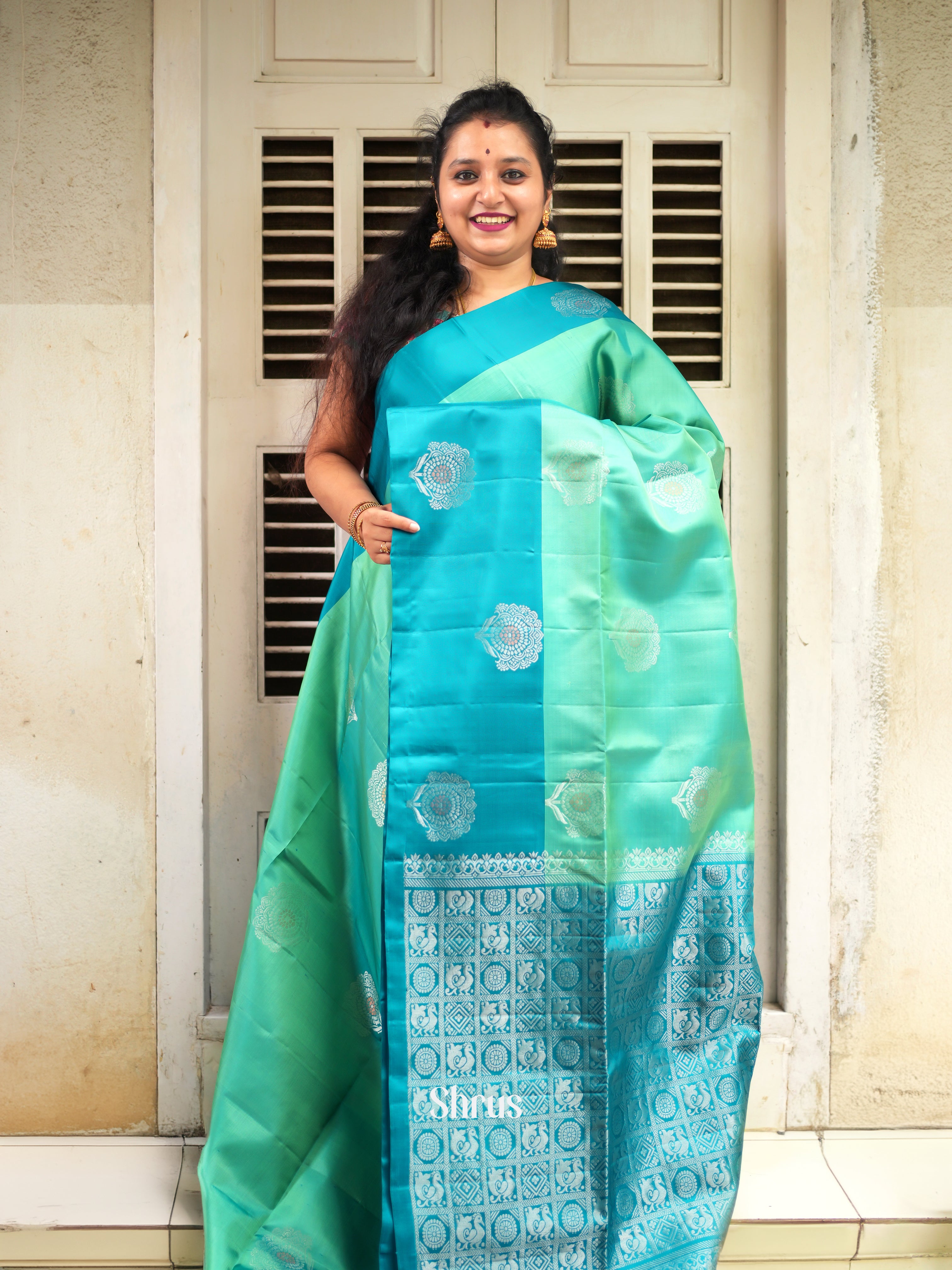 Teal Green & Blue - Soft Silk Saree - Shop on ShrusEternity.com