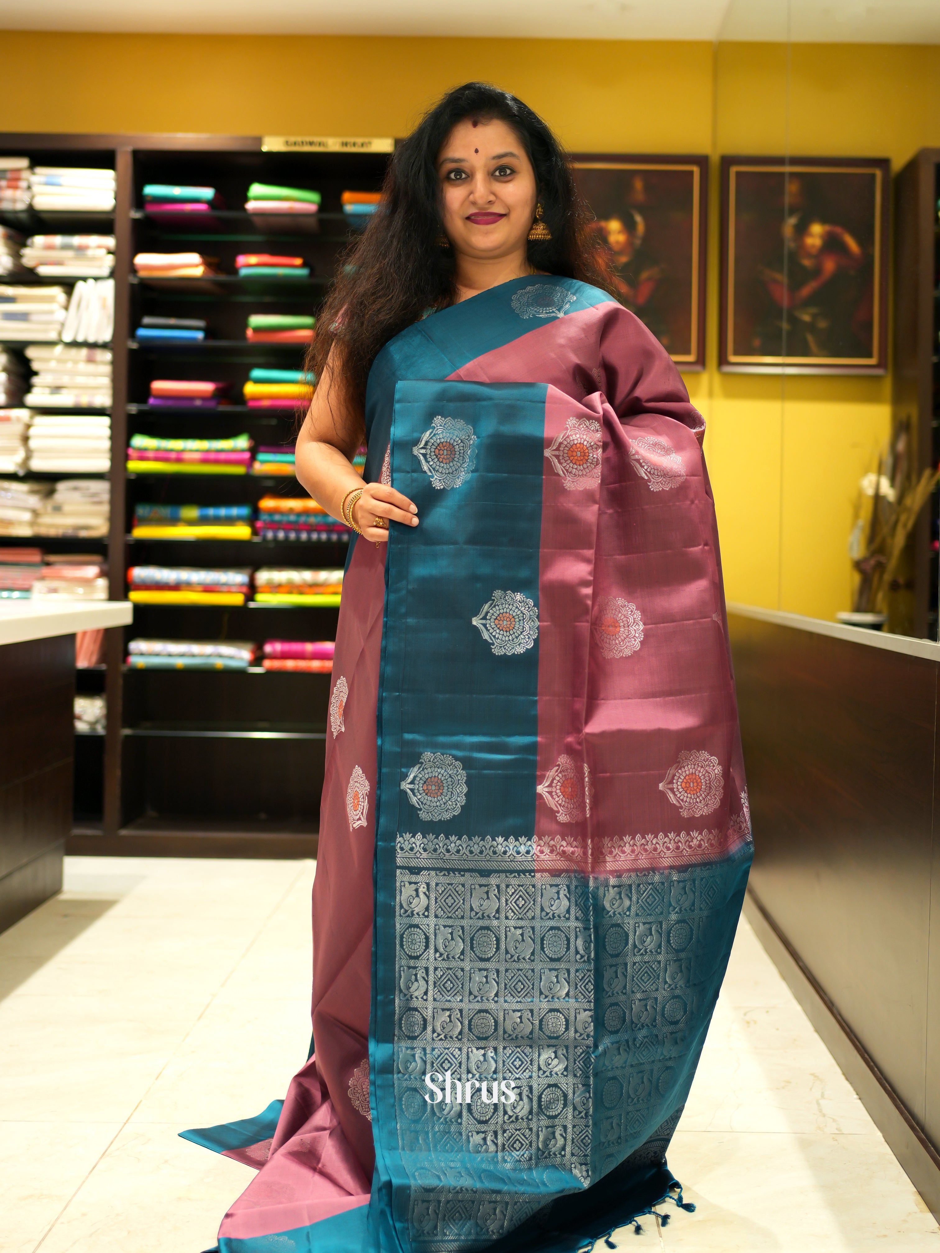 Onion Peel & Teal Blue - Soft Silk Saree - Shop on ShrusEternity.com