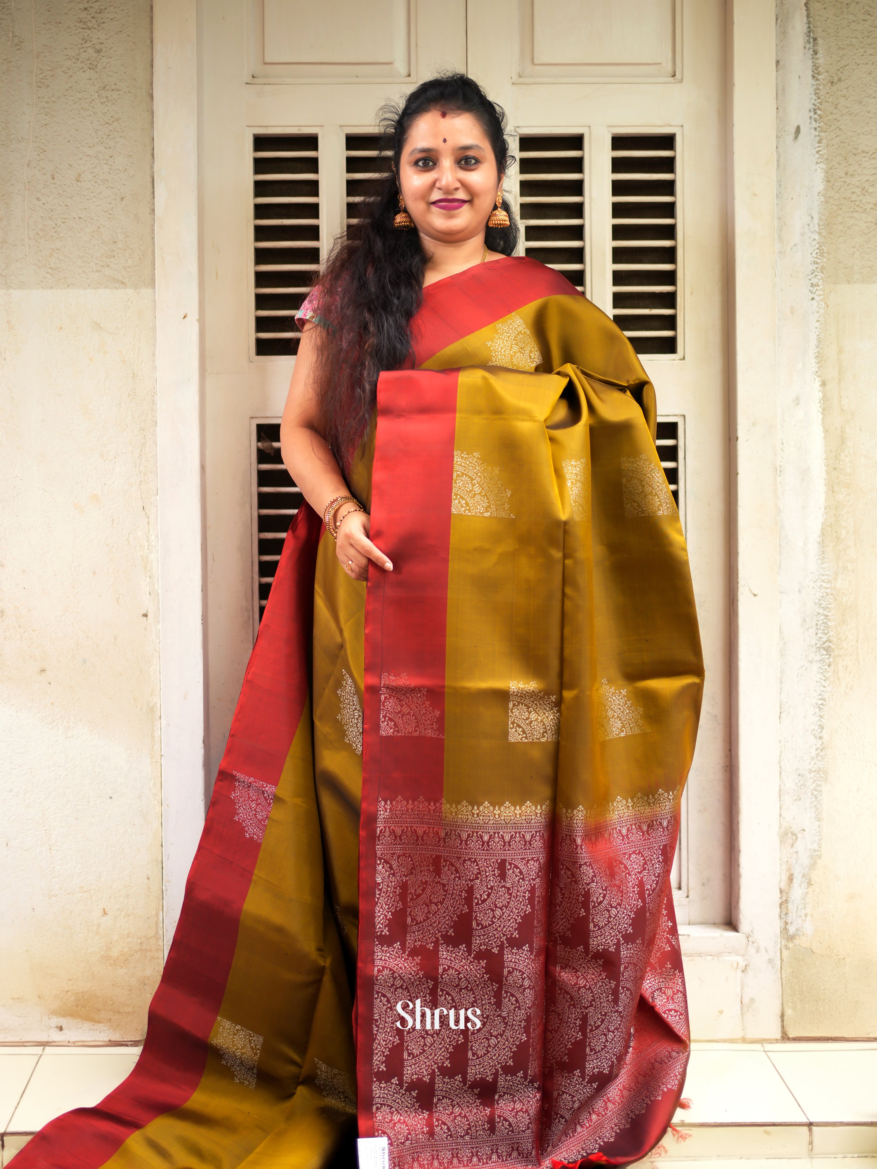 Mehandi Green & Red - Soft Silk Saree - Shop on ShrusEternity.com