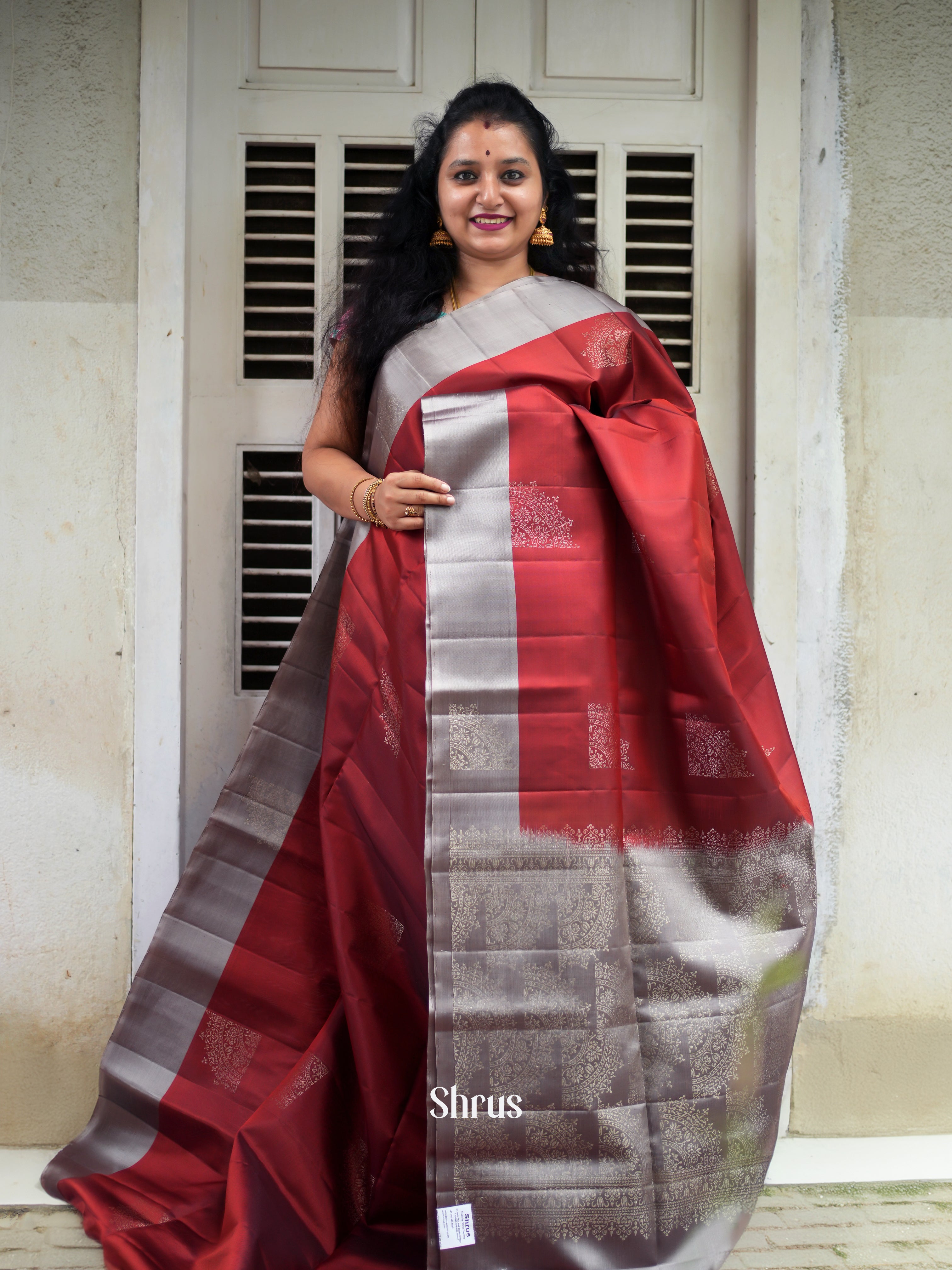 Red & Grey - Soft Silk Saree - Shop on ShrusEternity.com