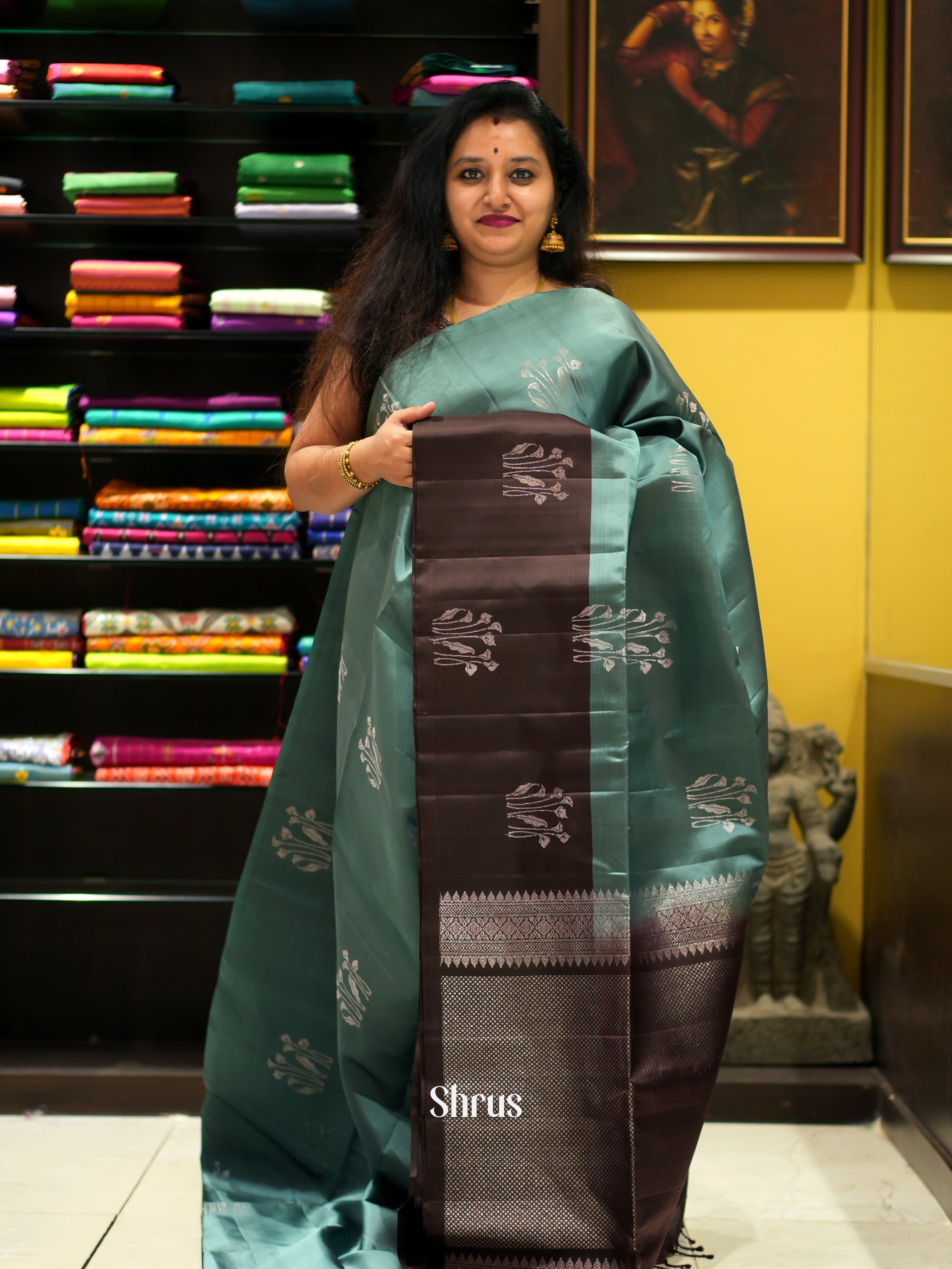 Greenish Grey & Black - Soft Silk Saree - Shop on ShrusEternity.com