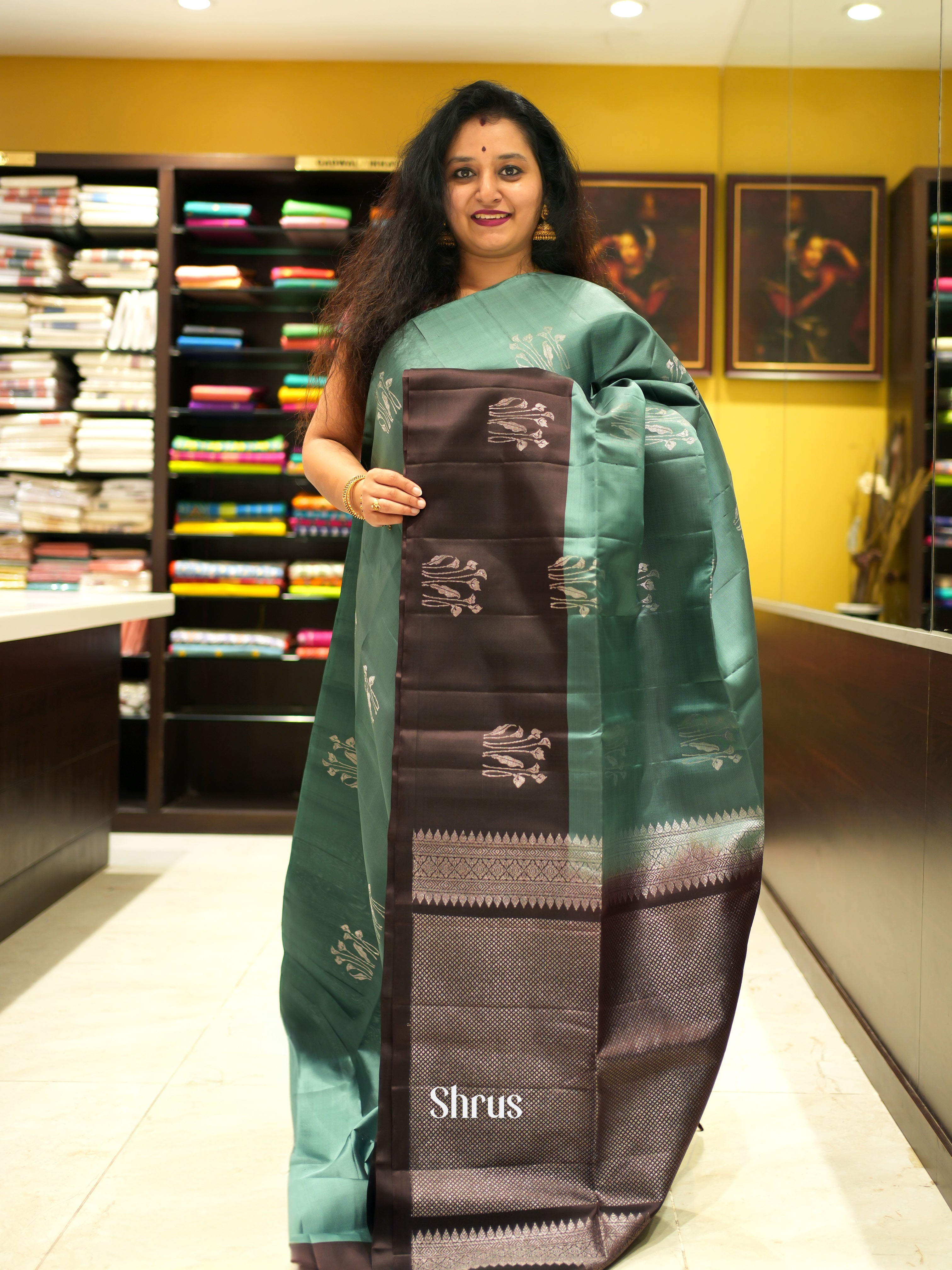 Greenish Grey & Black - Soft Silk Saree - Shop on ShrusEternity.com