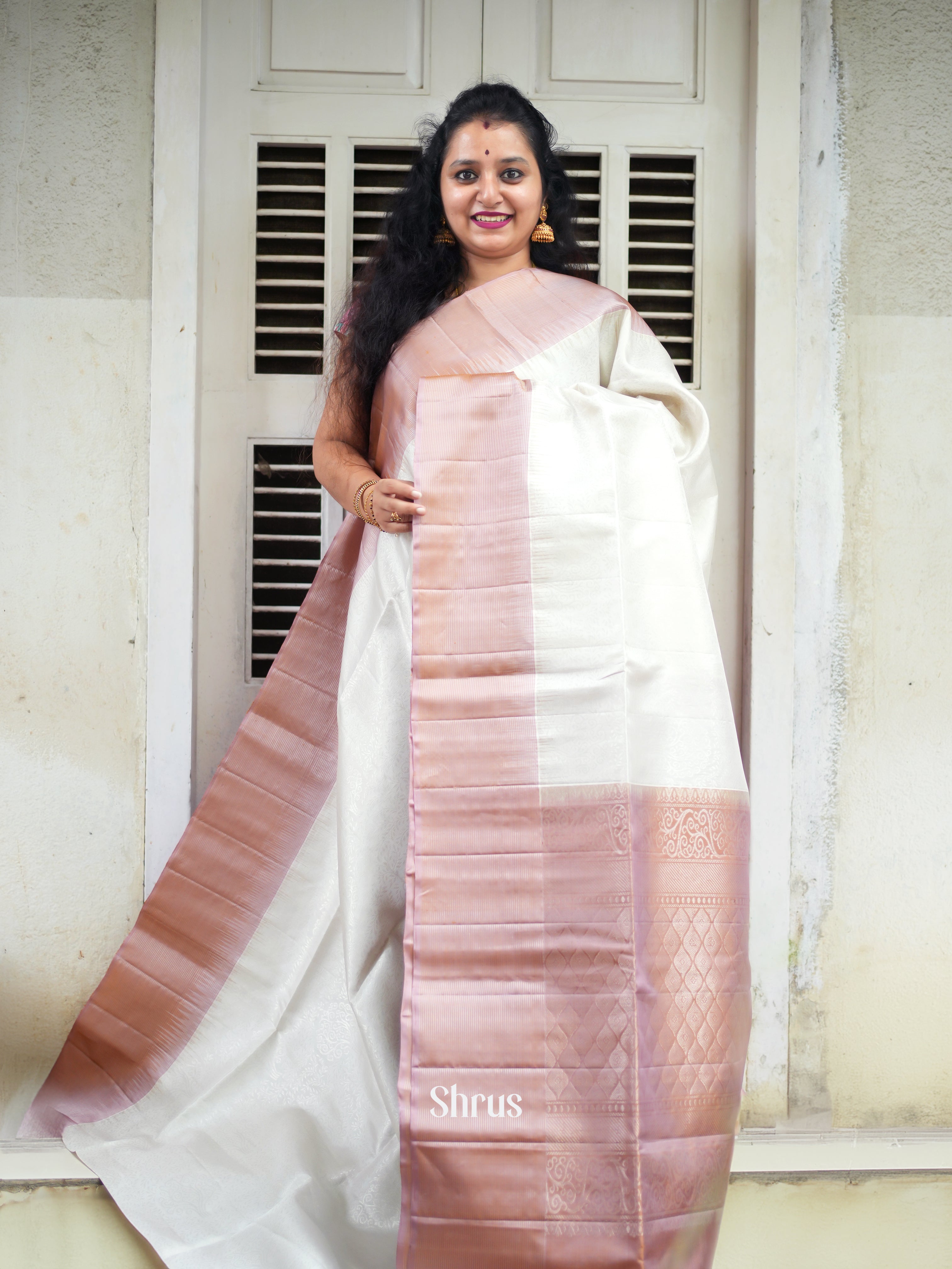 Cream & Dusty Brown - Soft Silk Saree - Shop on ShrusEternity.com