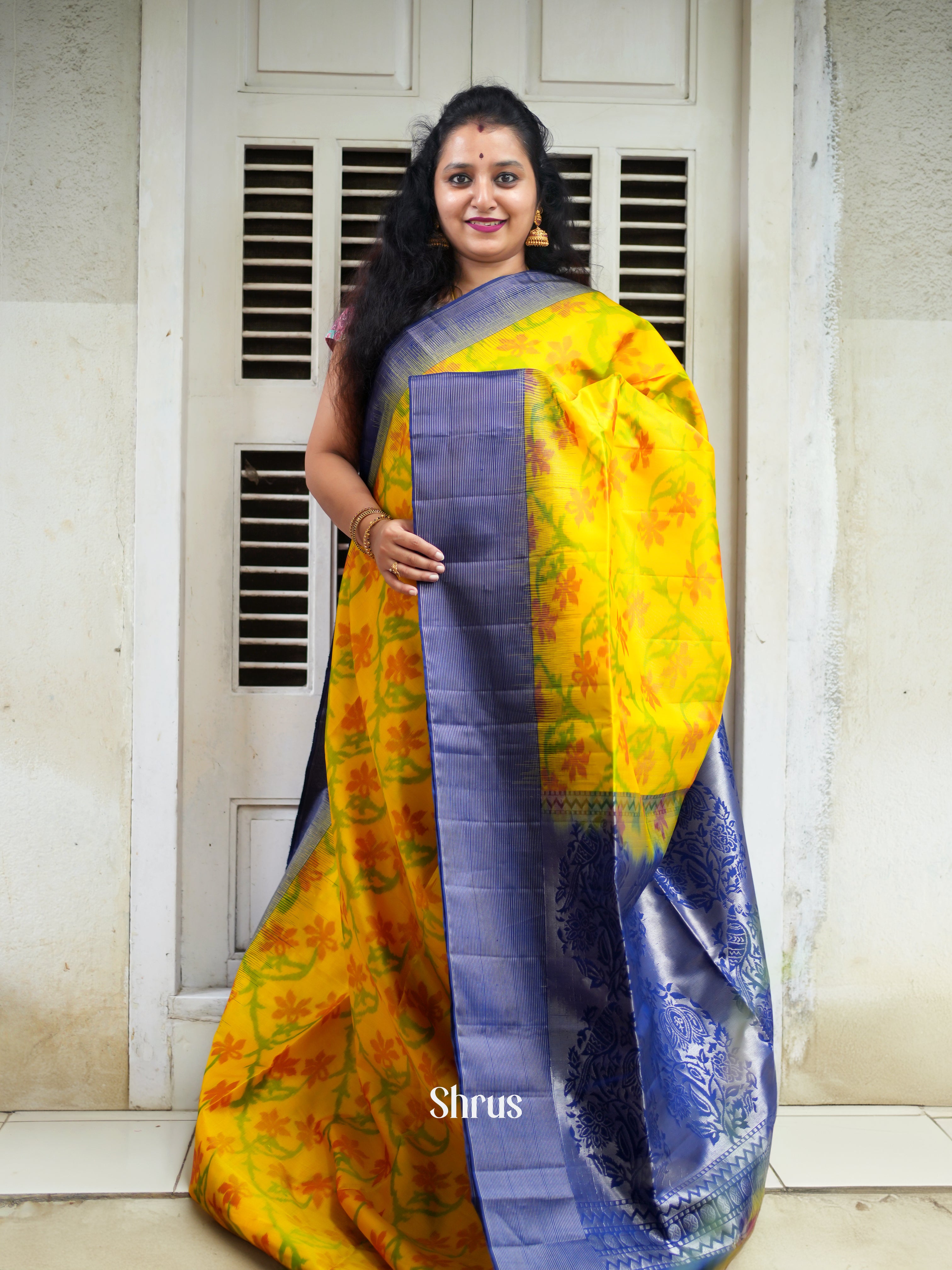 Yellow & Blue - Soft Silk Saree-1