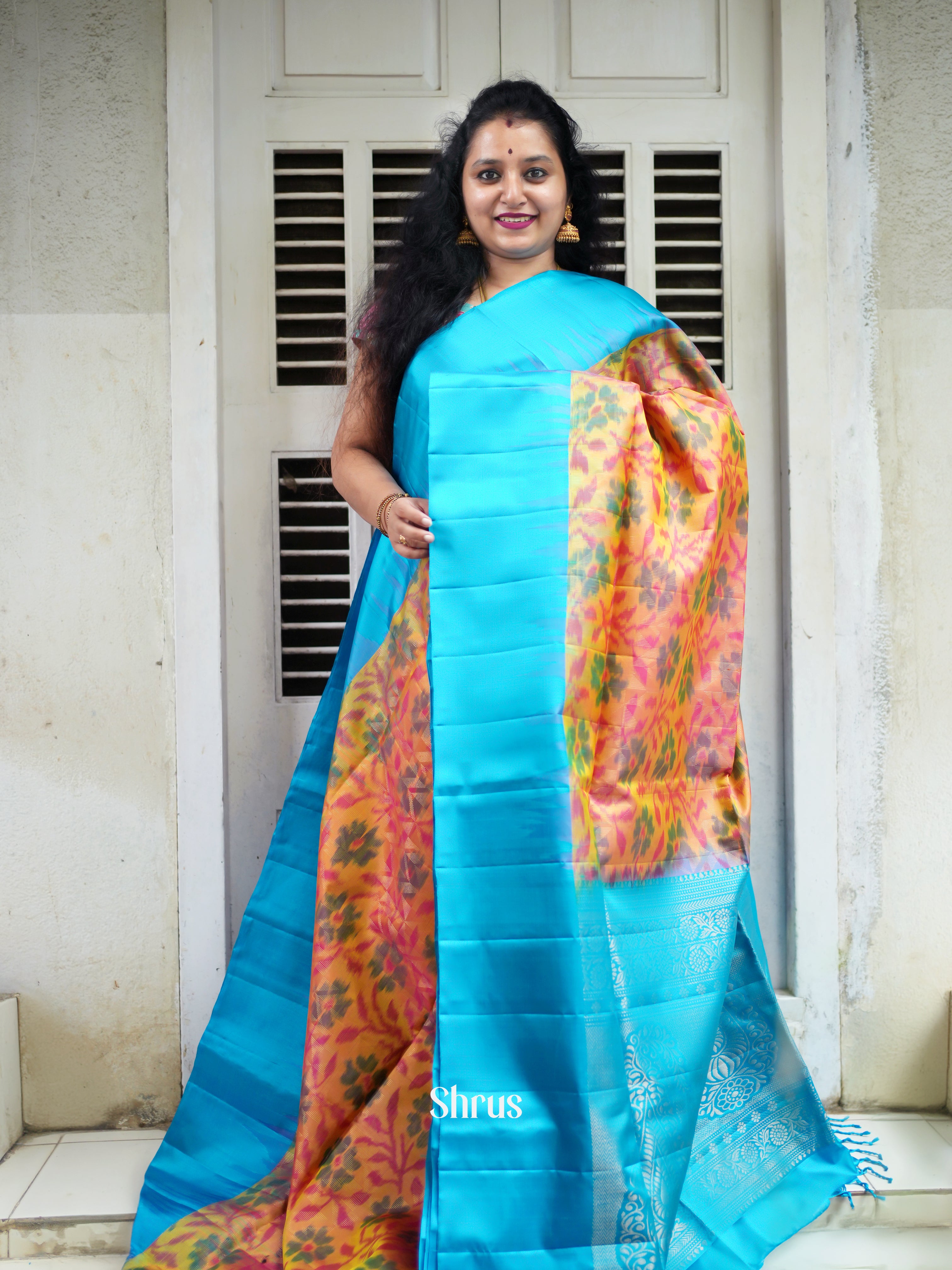 Orange & Blue - Soft Silk Saree - Shop on ShrusEternity.com