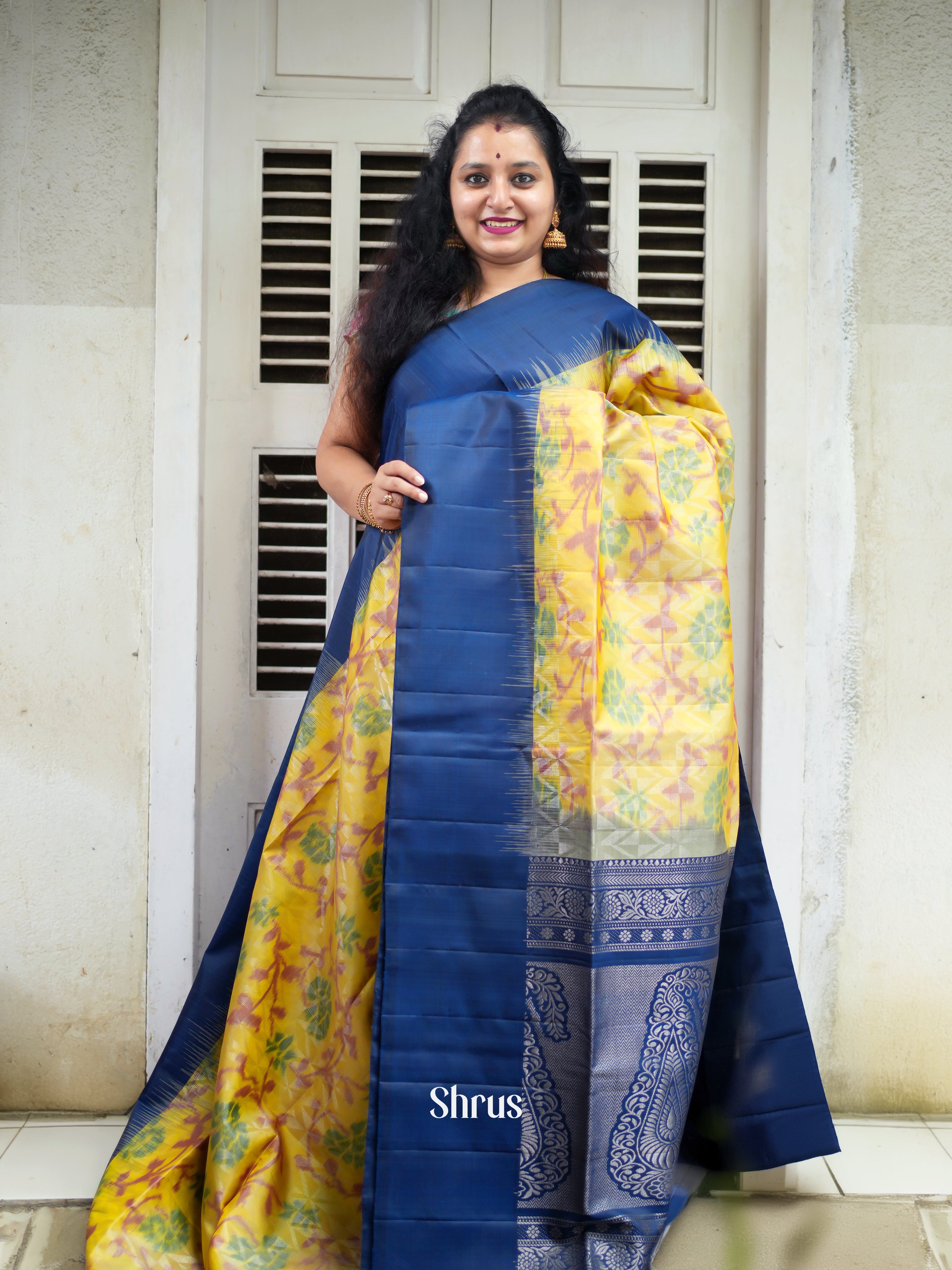 Yellow & Blue - Soft Silk Saree - Shop on ShrusEternity.com