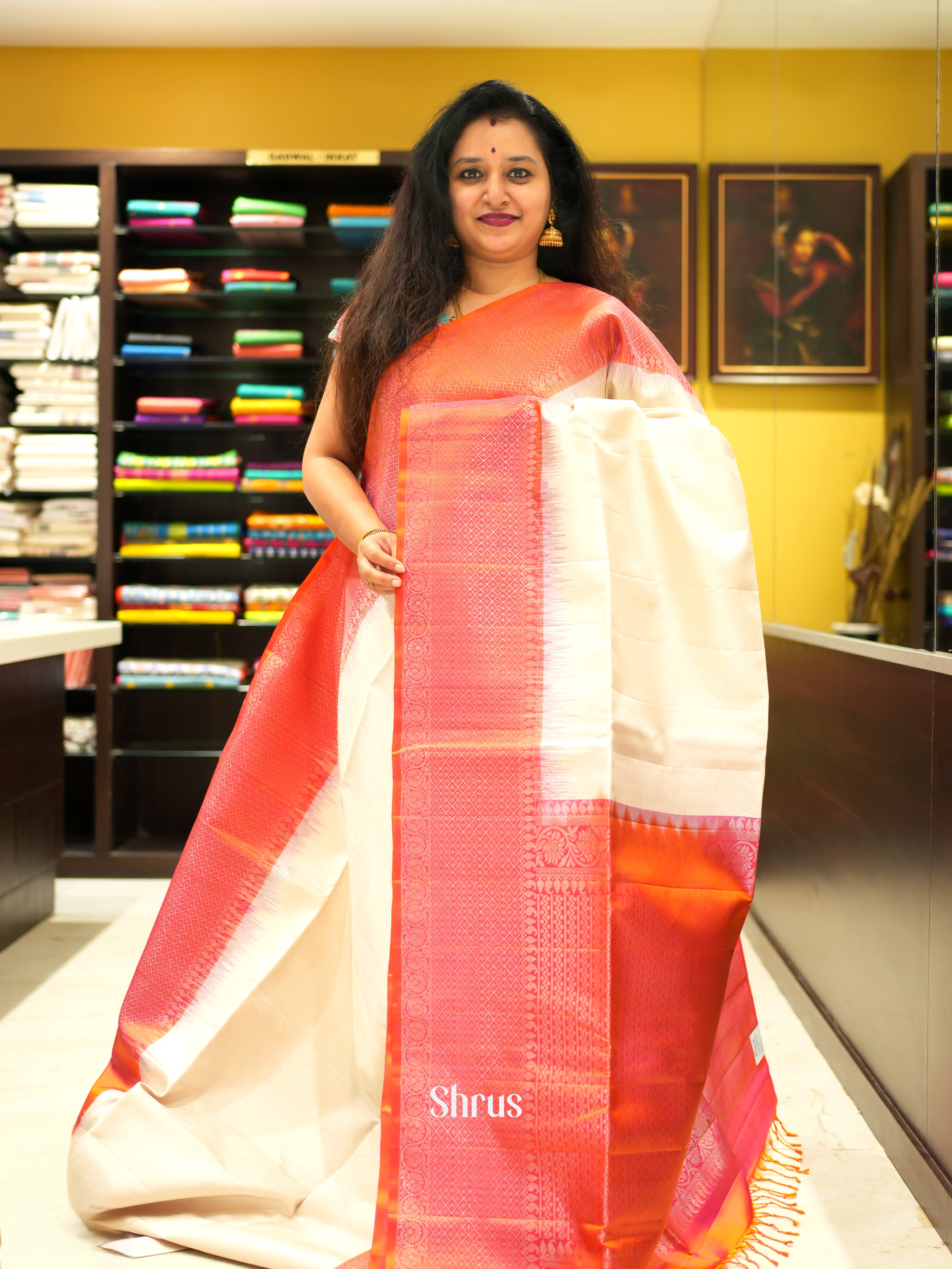 Cream & Orangish Pink - Soft Silk Saree - Shop on ShrusEternity.com