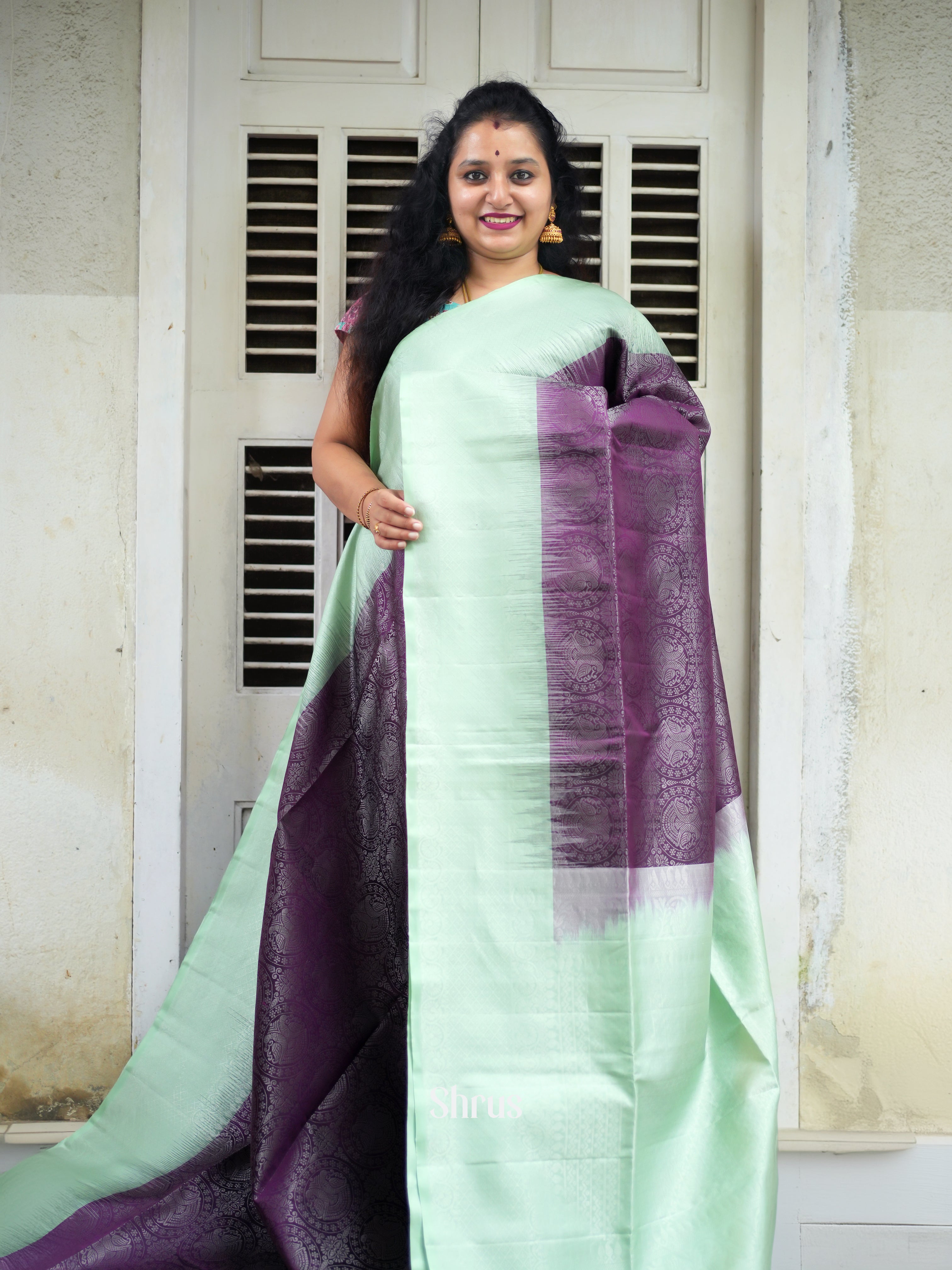 Purple & Ice Green - Soft Silk Saree - Shop on ShrusEternity.com