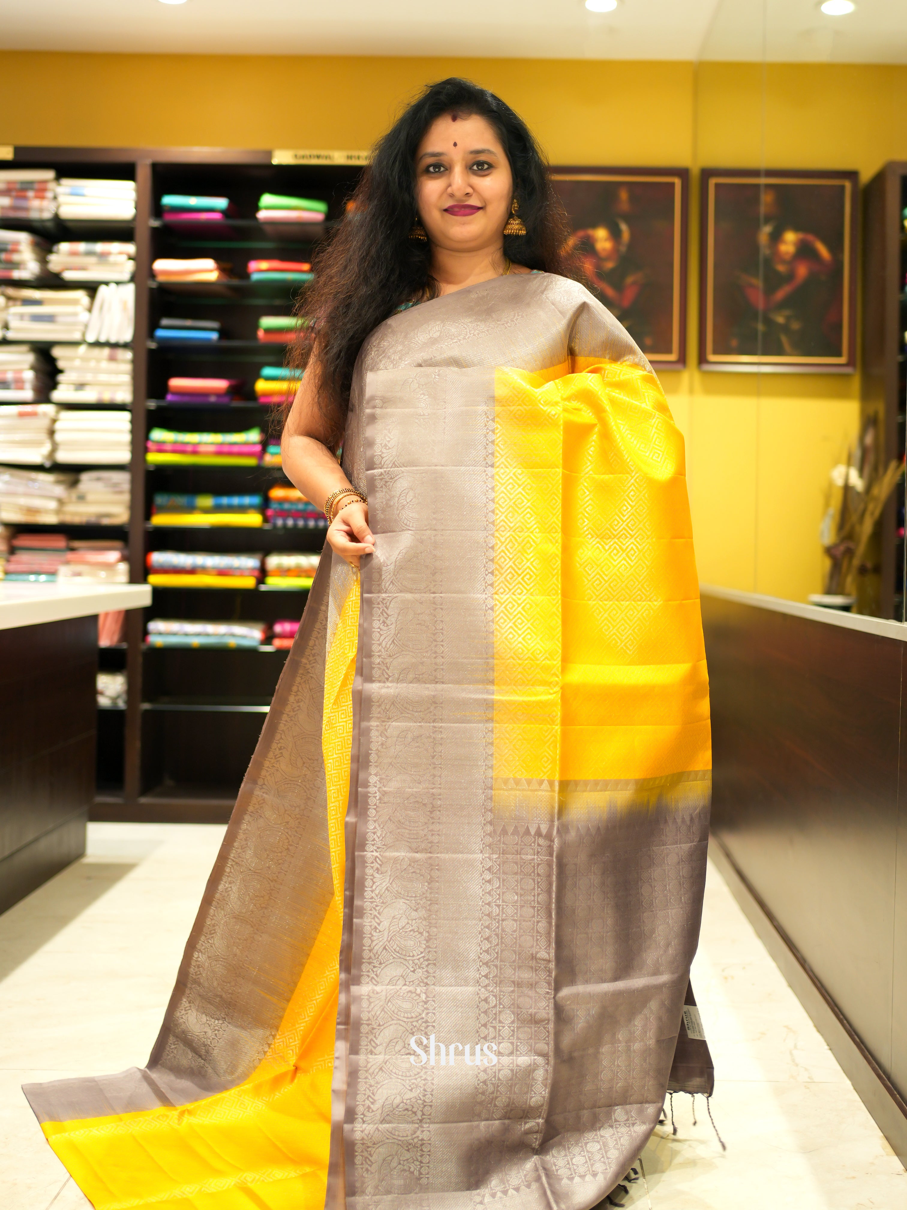 Yellow & Grey - Soft Silk Saree - Shop on ShrusEternity.com