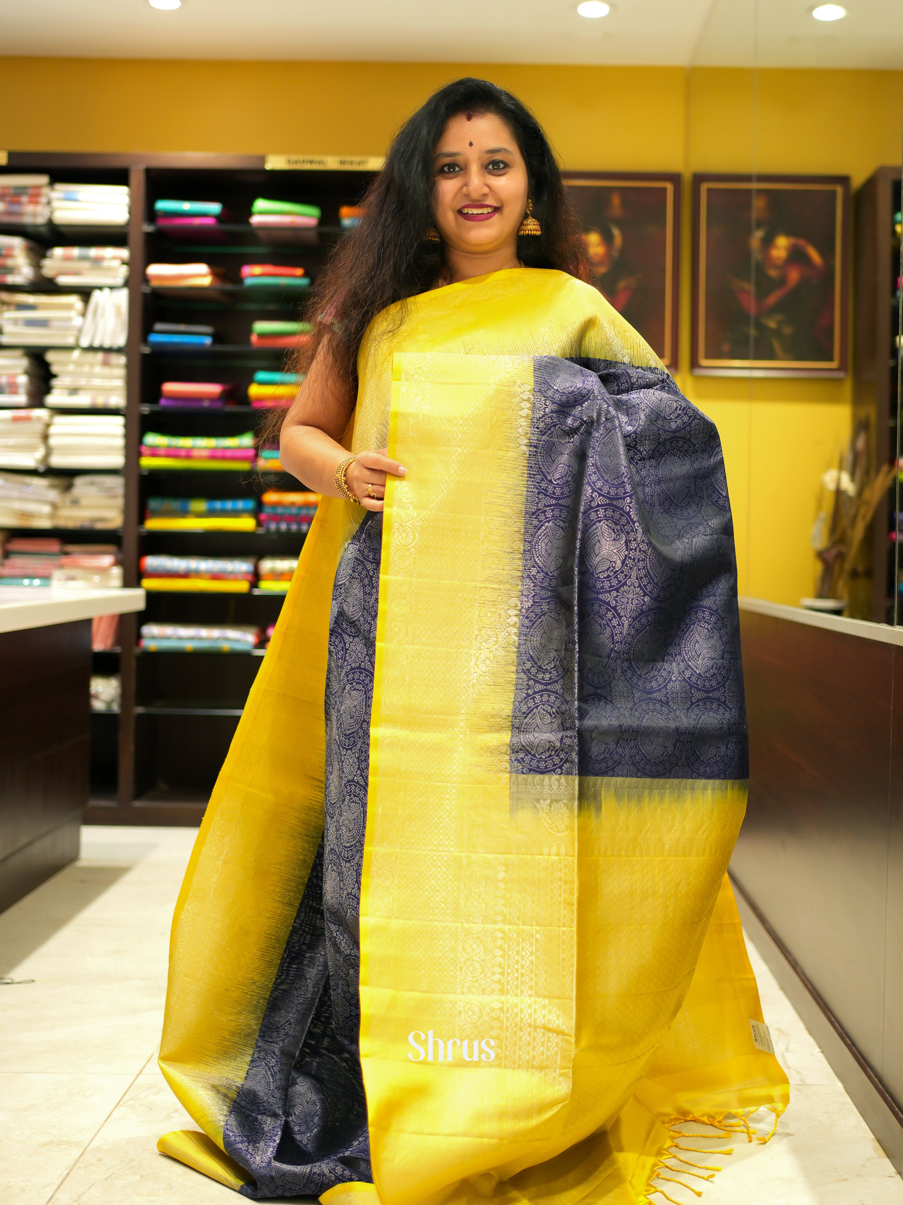 Blue & Yellow - Soft Silk Saree - Shop on ShrusEternity.com