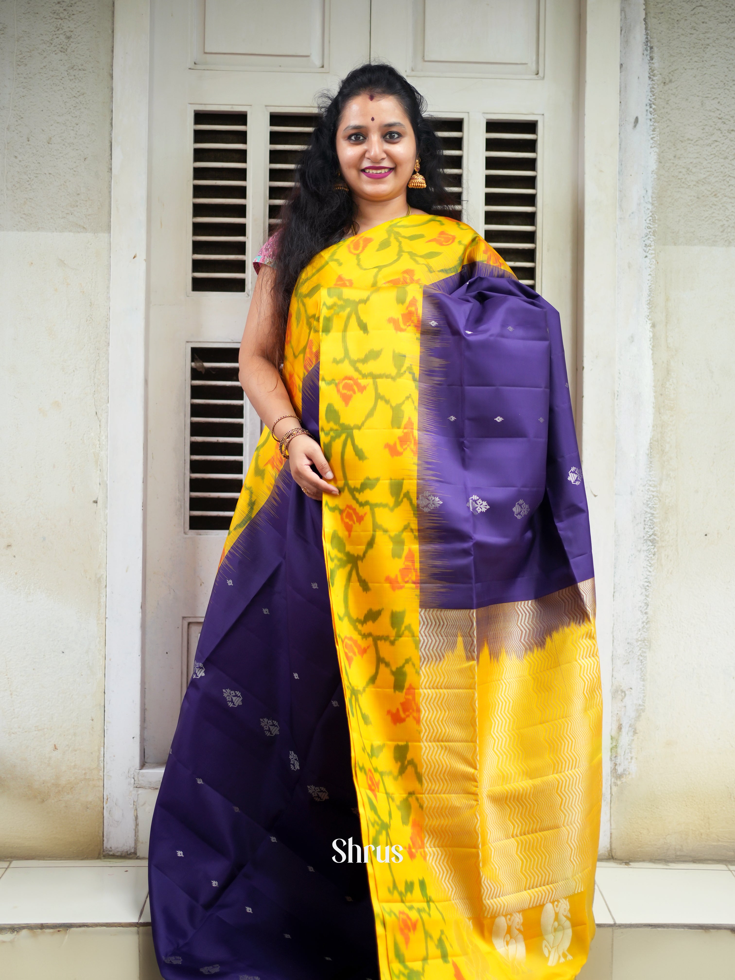 Violet & Yellow - Soft Silk Saree - Shop on ShrusEternity.com