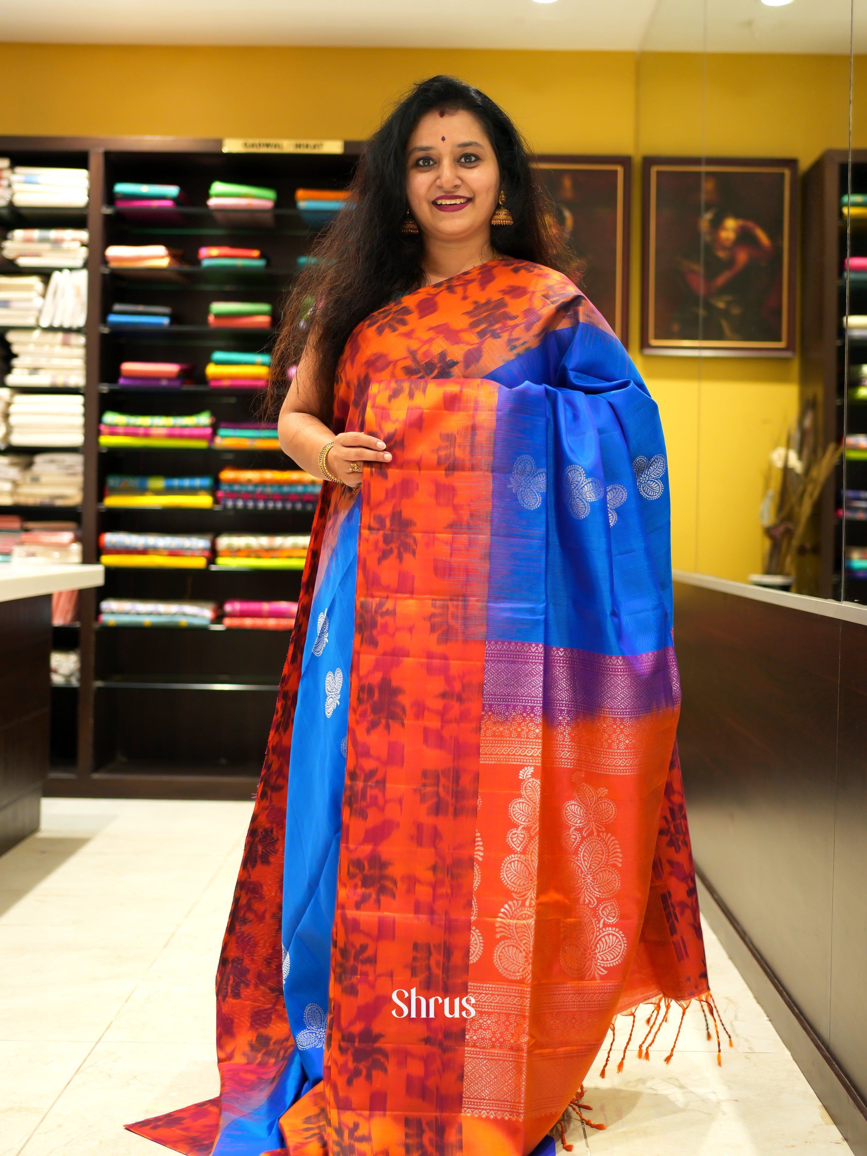 Blue & Orange - Soft Silk Saree - Shop on ShrusEternity.com