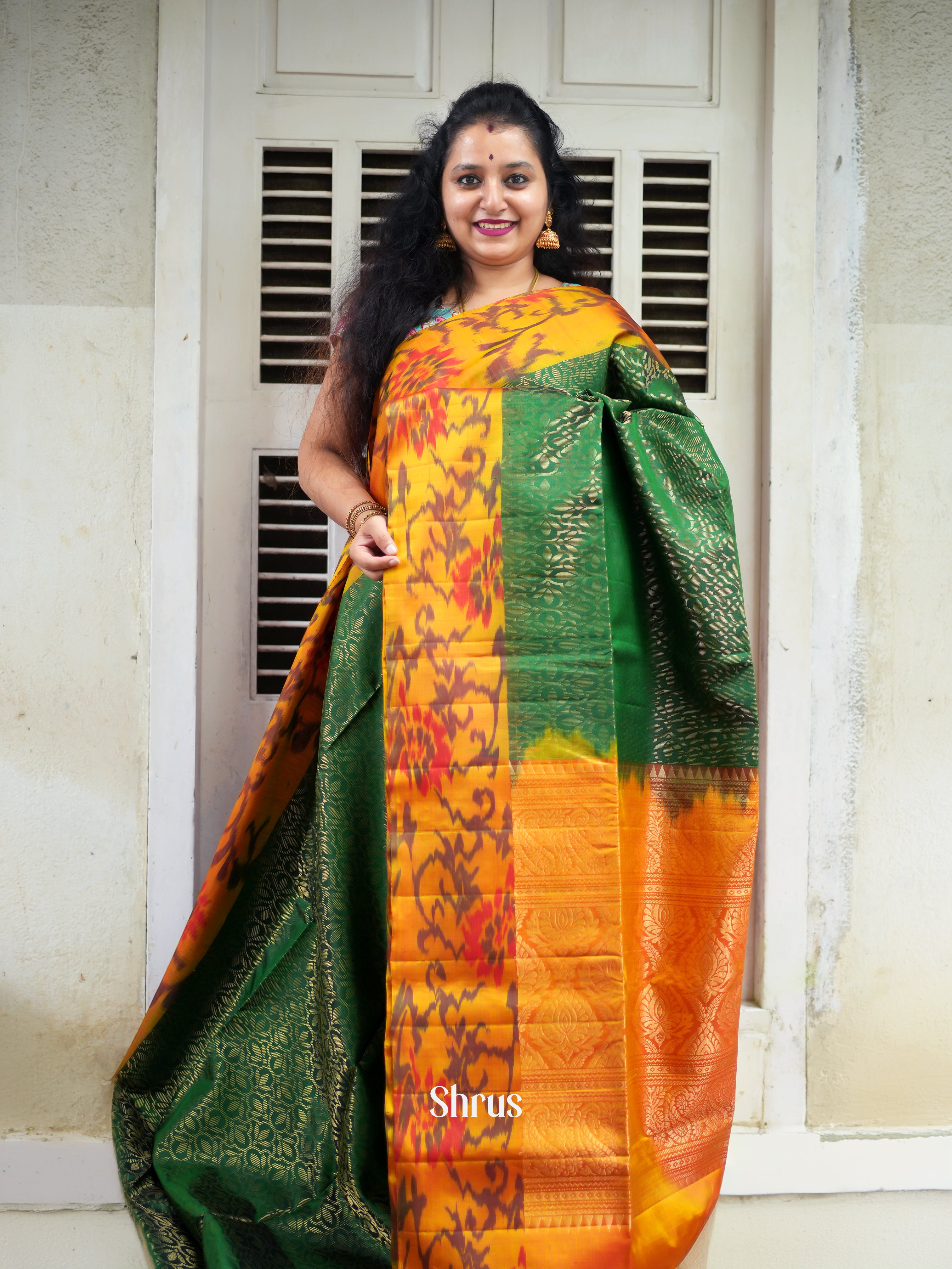 Green & Mustard - Soft Silk Saree - Shop on ShrusEternity.com