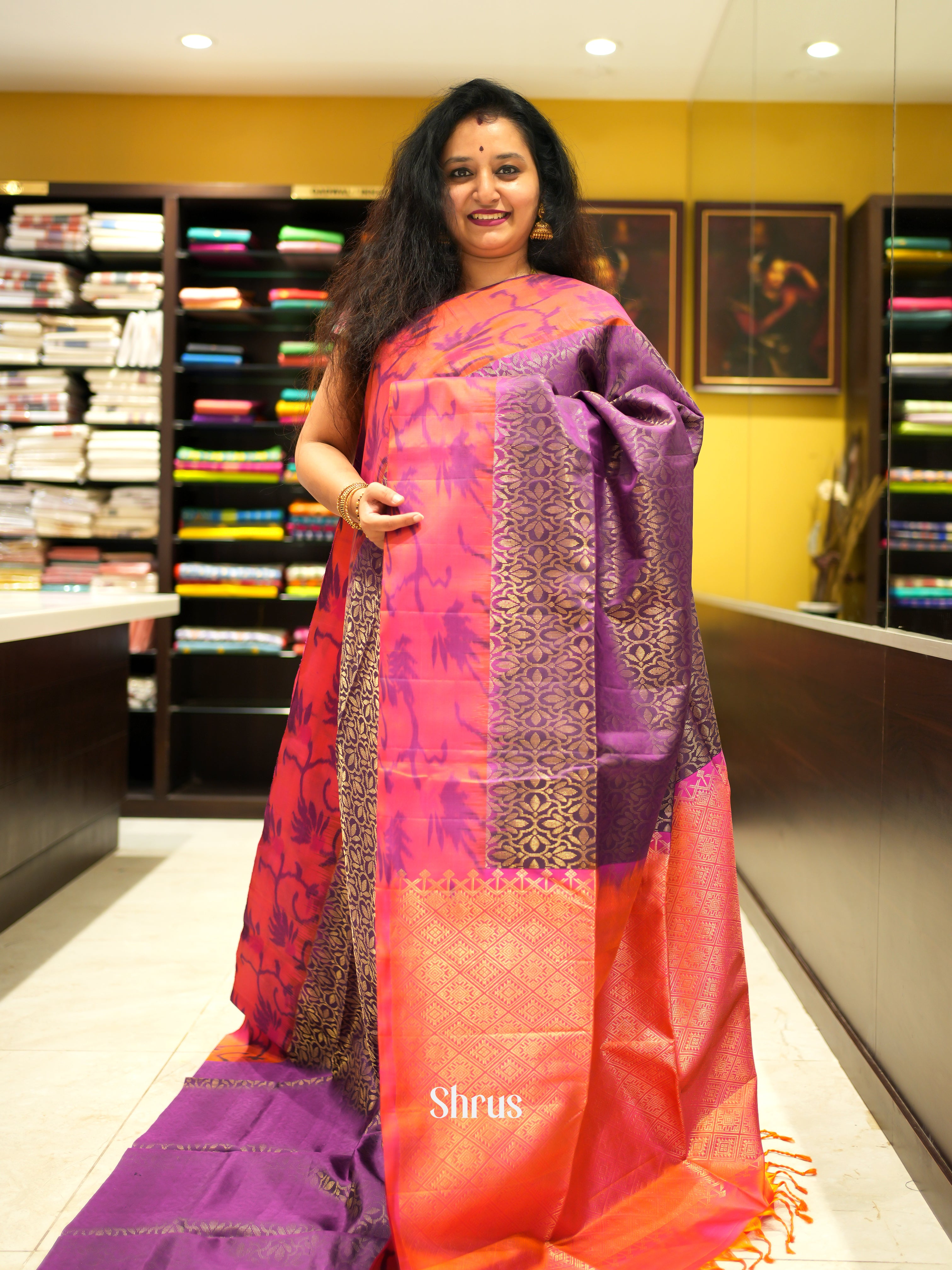 Purple & Orange - Soft Silk Saree - Shop on ShrusEternity.com