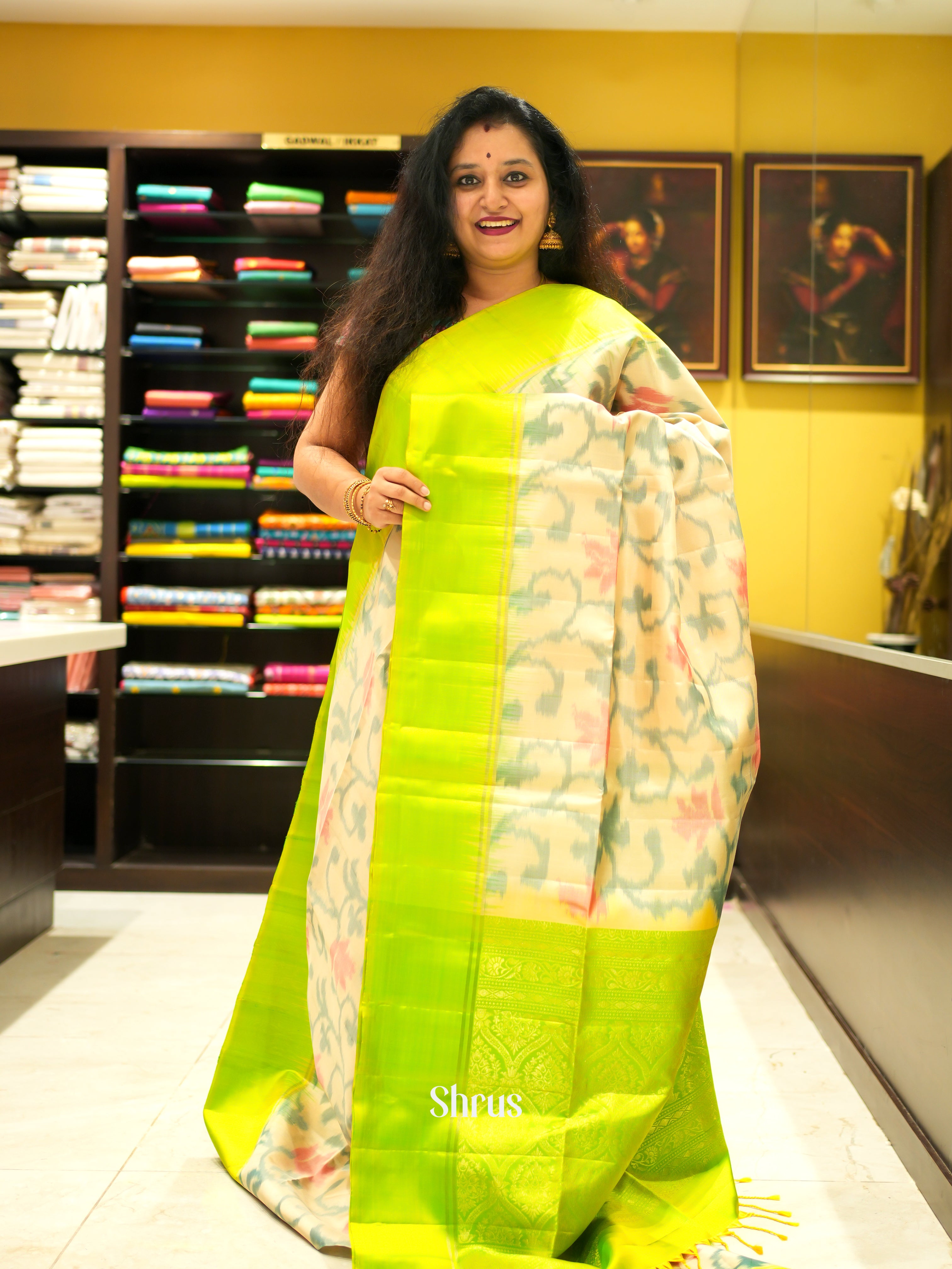 Cream & Green - Soft Silk Saree - Shop on ShrusEternity.com
