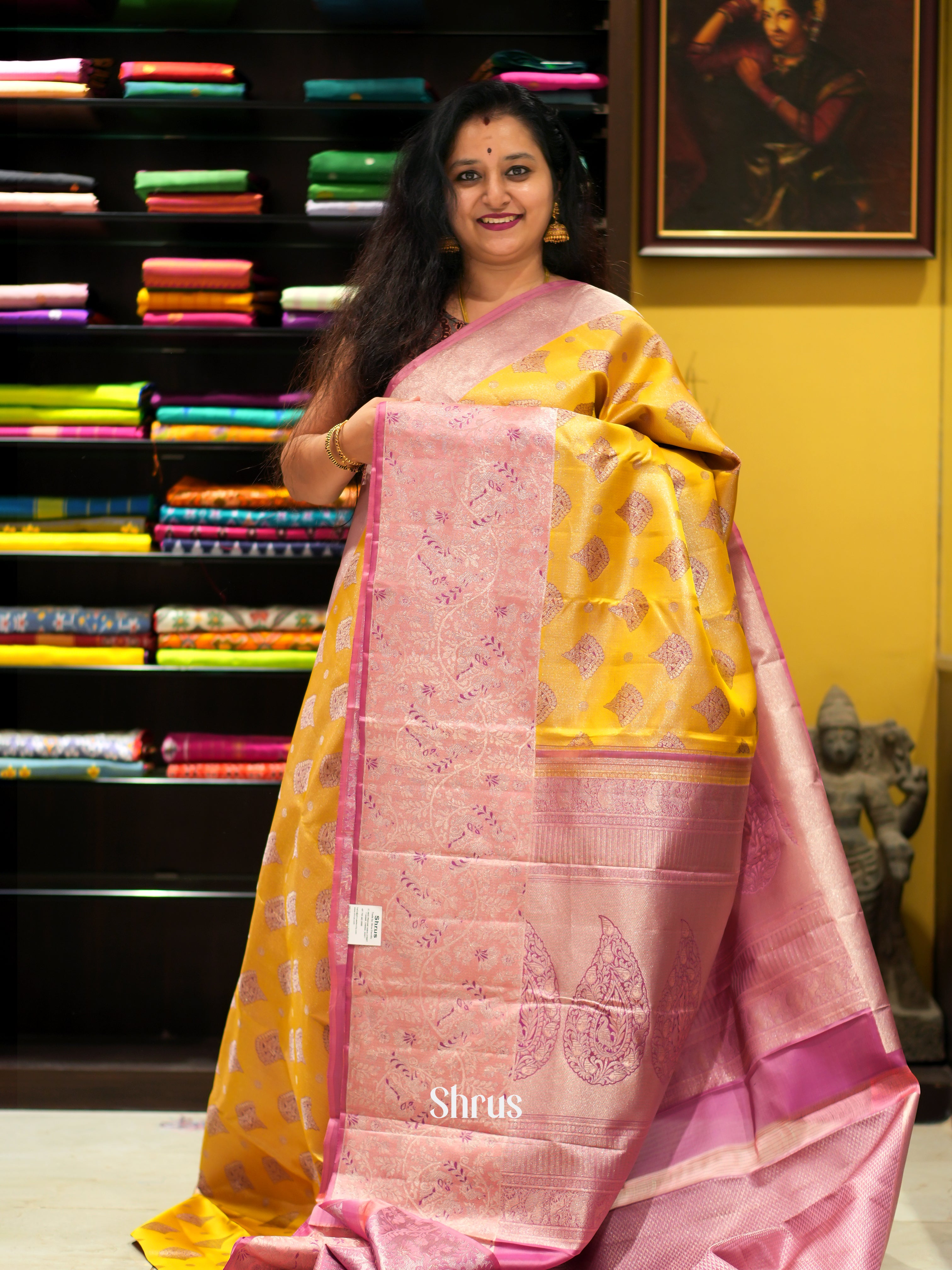 Enchanting Yellow and Pink Kanchipuram silk Saree Adorned With Beautifully Woven Floral Motifs-1