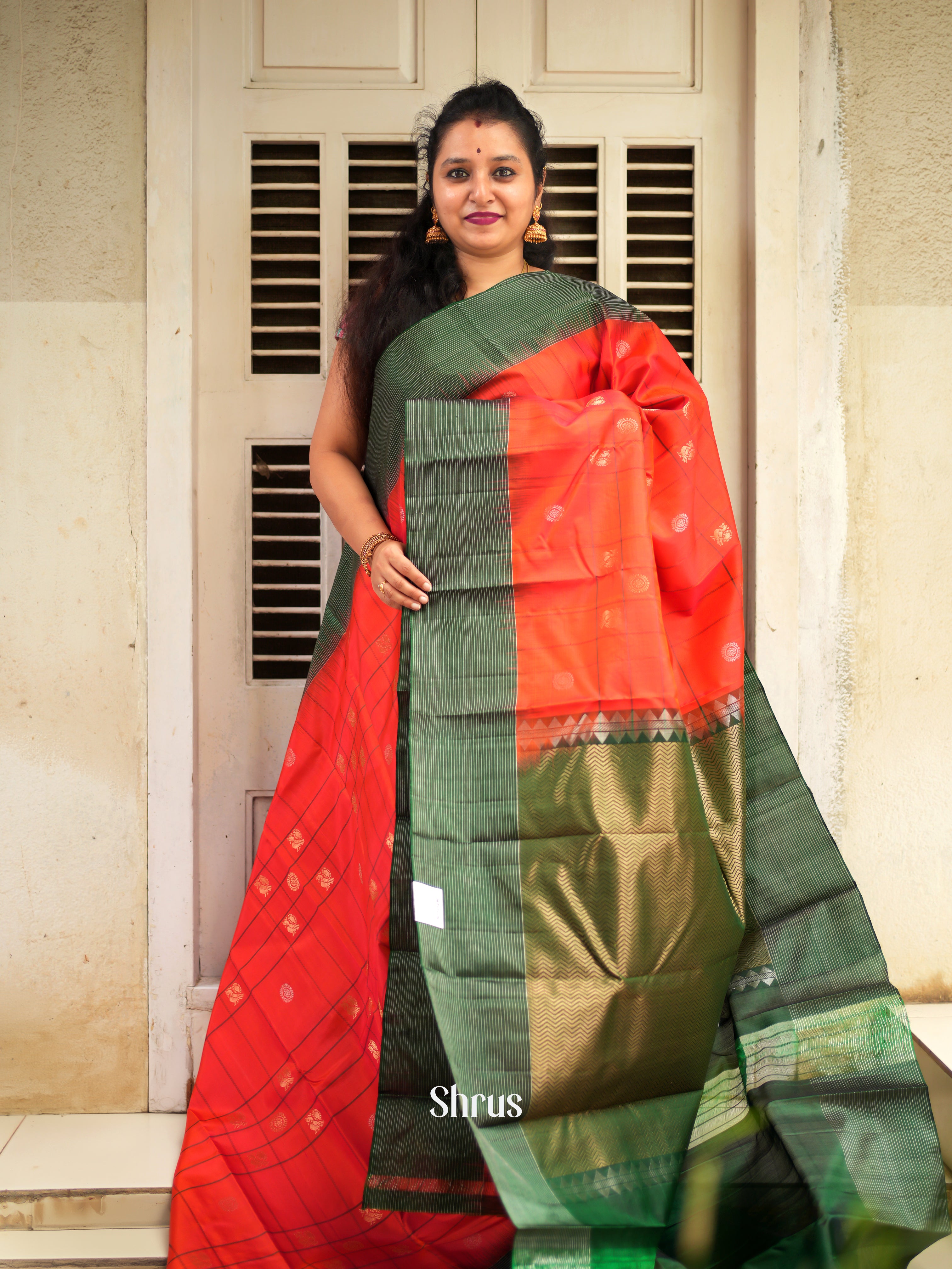 Red & Green - Soft Silk Saree - Shop on ShrusEternity.com