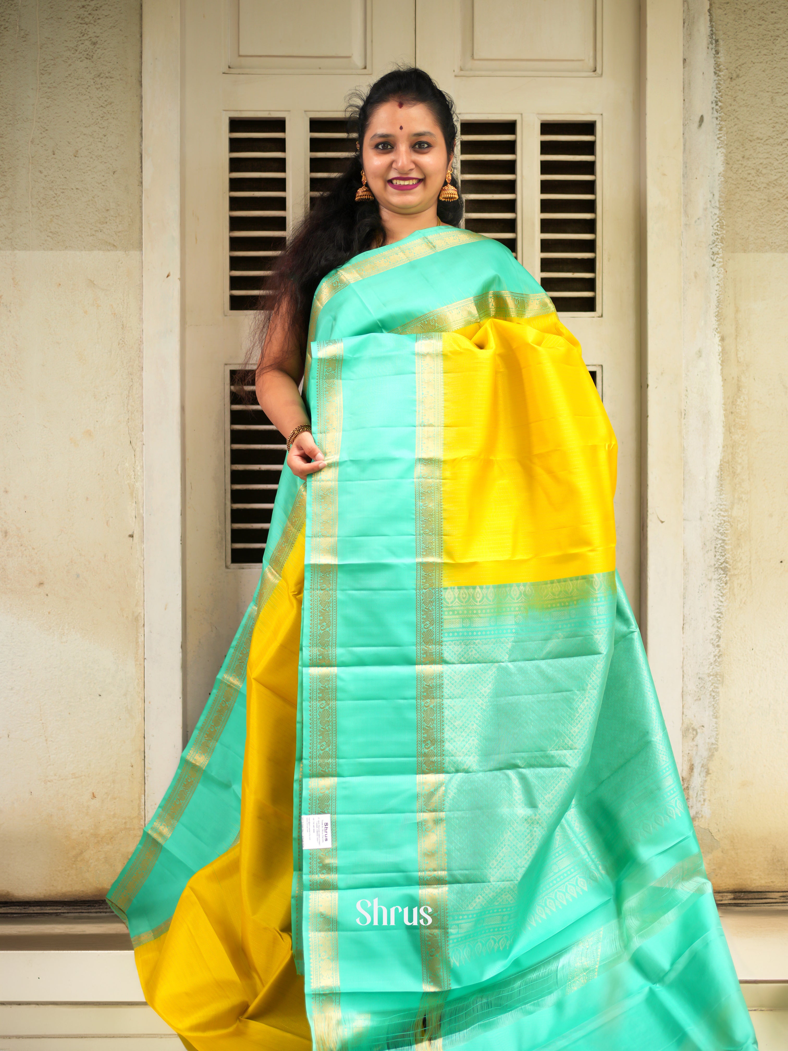 Yellow & Teal Green - Soft Silk Saree - Shop on ShrusEternity.com