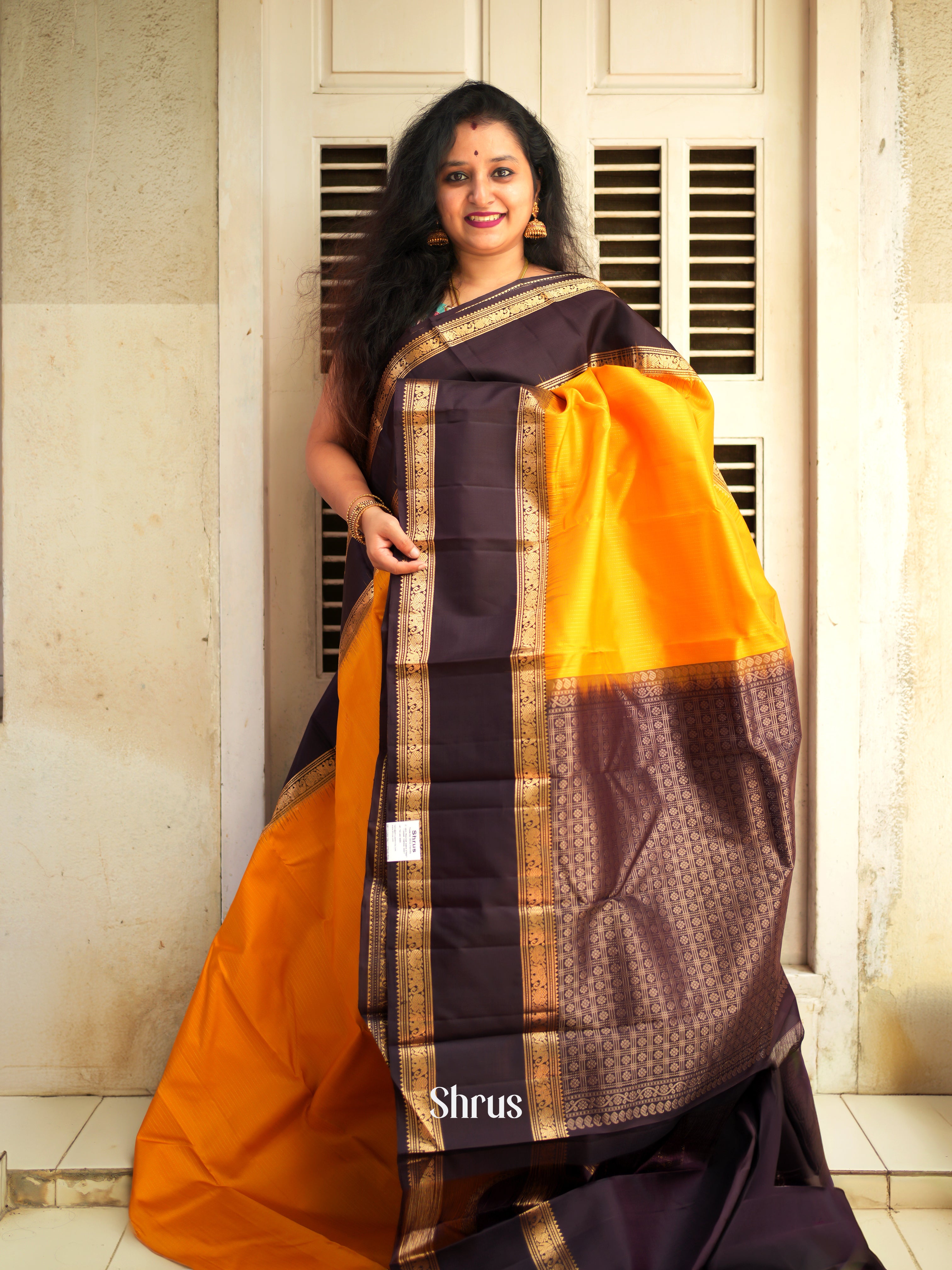 Mambazha Yellow & Brown - Soft Silk Saree - Shop on ShrusEternity.com